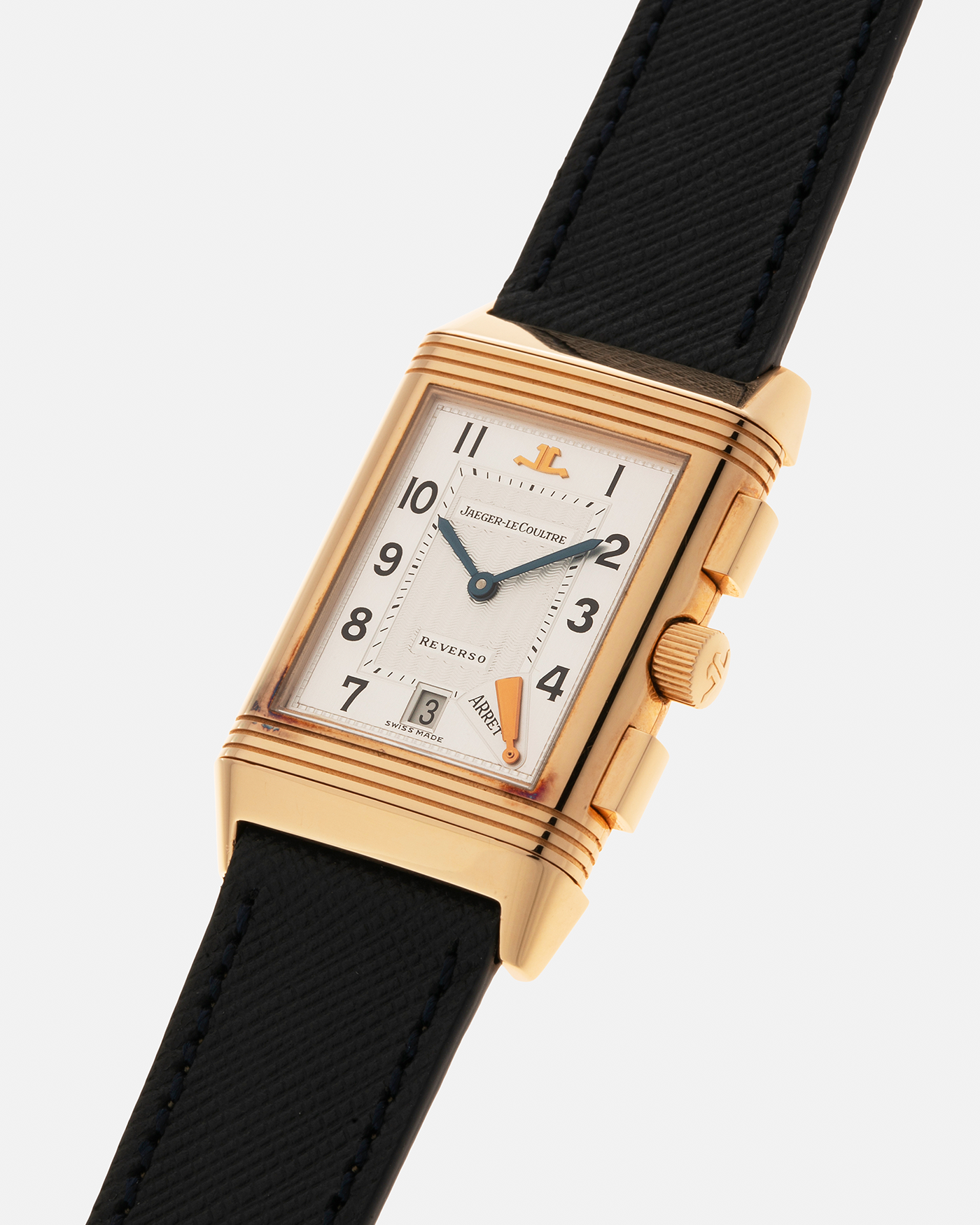 Brand: Jaeger LeCoultre Year: 1996 Model: Reverso Chronographe Retrograde, Limited to 500 pieces Reference: 270.2.69 Material: 18-carat Rose Gold Movement: Jaeger LeCoultre Cal. 829, Manual-Wind Case Dimensions: 42mm x 26mm x 9.5mm Lug Width: 19mm Strap: Molequin Navy Blue Textured Calf with Signed 18-carat Rose Gold Deployant Clasp
