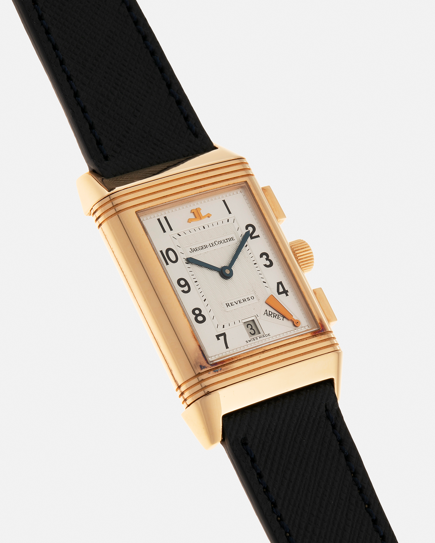 Brand: Jaeger LeCoultre Year: 1996 Model: Reverso Chronographe Retrograde, Limited to 500 pieces Reference: 270.2.69 Material: 18-carat Rose Gold Movement: Jaeger LeCoultre Cal. 829, Manual-Wind Case Dimensions: 42mm x 26mm x 9.5mm Lug Width: 19mm Strap: Molequin Navy Blue Textured Calf with Signed 18-carat Rose Gold Deployant Clasp