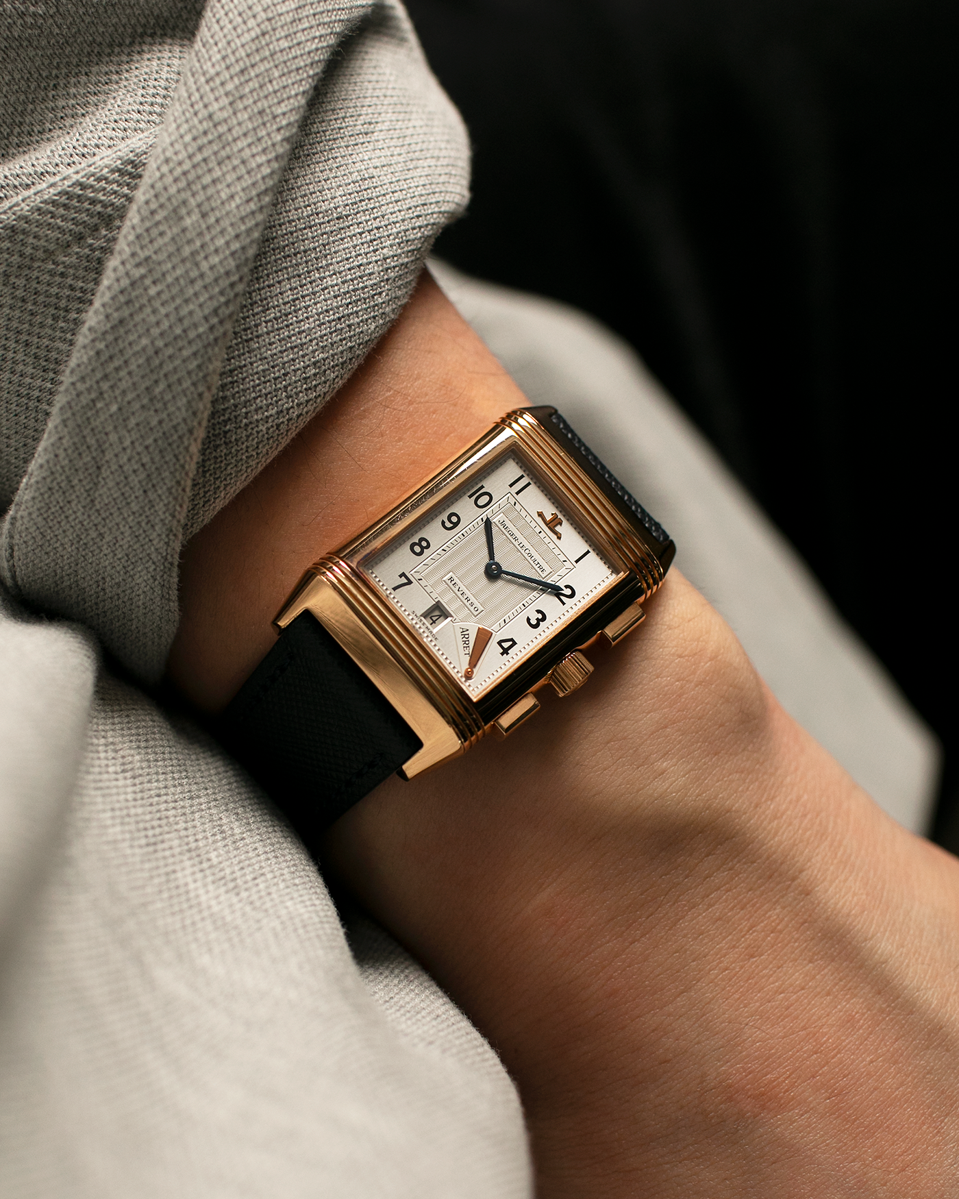 Brand: Jaeger LeCoultre Year: 1996 Model: Reverso Chronographe Retrograde, Limited to 500 pieces Reference: 270.2.69 Material: 18-carat Rose Gold Movement: Jaeger LeCoultre Cal. 829, Manual-Wind Case Dimensions: 42mm x 26mm x 9.5mm Lug Width: 19mm Strap: Molequin Navy Blue Textured Calf with Signed 18-carat Rose Gold Deployant Clasp