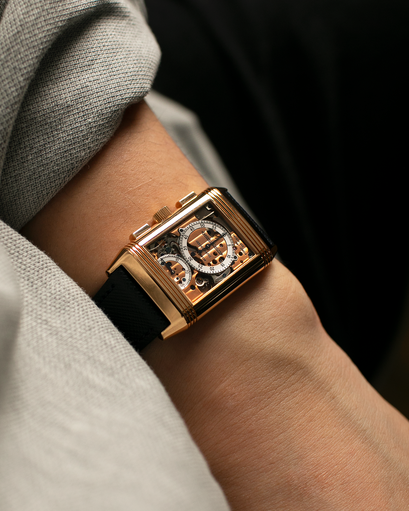 Brand: Jaeger LeCoultre Year: 1996 Model: Reverso Chronographe Retrograde, Limited to 500 pieces Reference: 270.2.69 Material: 18-carat Rose Gold Movement: Jaeger LeCoultre Cal. 829, Manual-Wind Case Dimensions: 42mm x 26mm x 9.5mm Lug Width: 19mm Strap: Molequin Navy Blue Textured Calf with Signed 18-carat Rose Gold Deployant Clasp