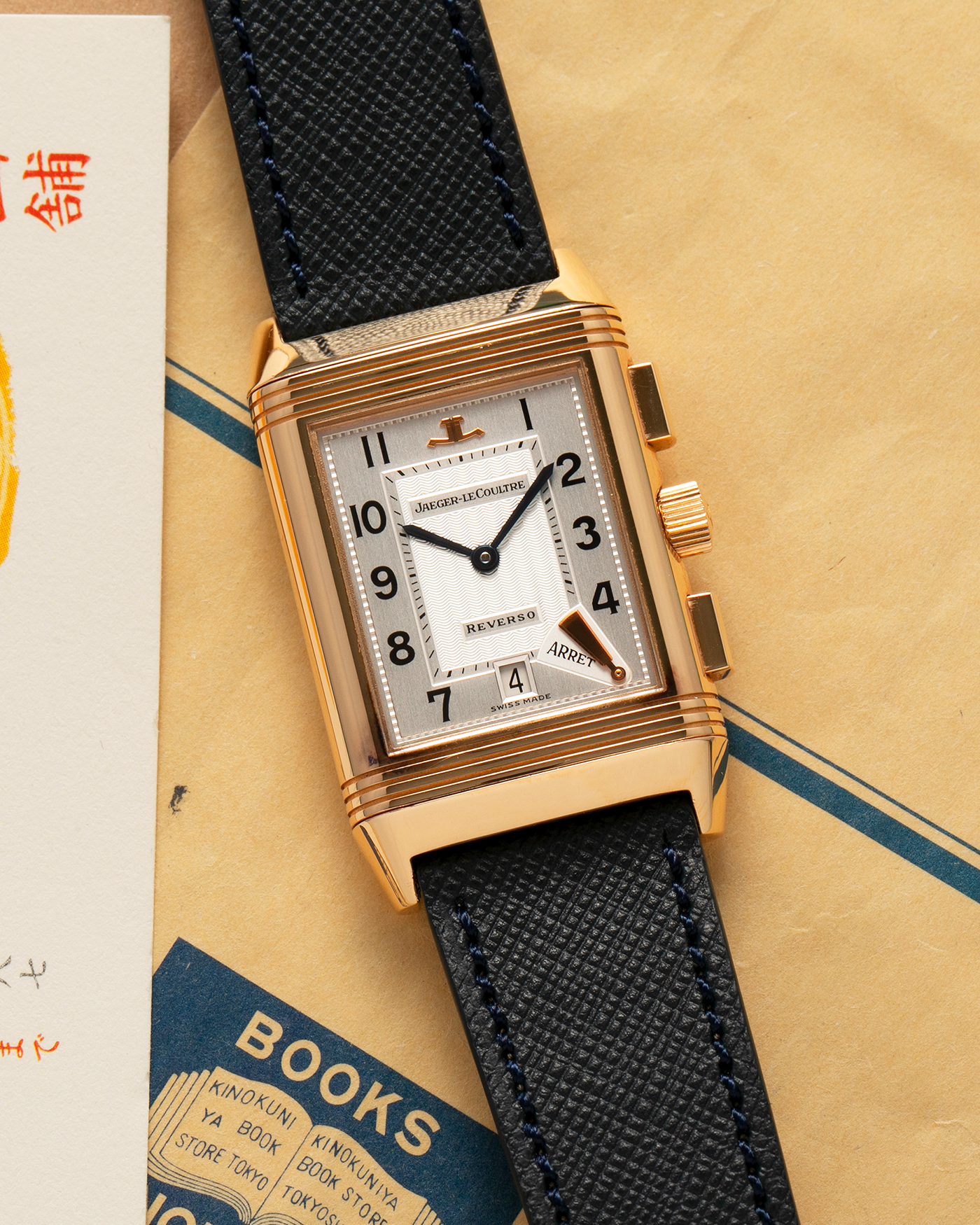 Brand: Jaeger LeCoultre Year: 1996 Model: Reverso Chronographe Retrograde, Limited to 500 pieces Reference: 270.2.69 Material: 18-carat Rose Gold Movement: Jaeger LeCoultre Cal. 829, Manual-Wind Case Dimensions: 42mm x 26mm x 9.5mm Lug Width: 19mm Strap: Molequin Navy Blue Textured Calf with Signed 18-carat Rose Gold Deployant Clasp
