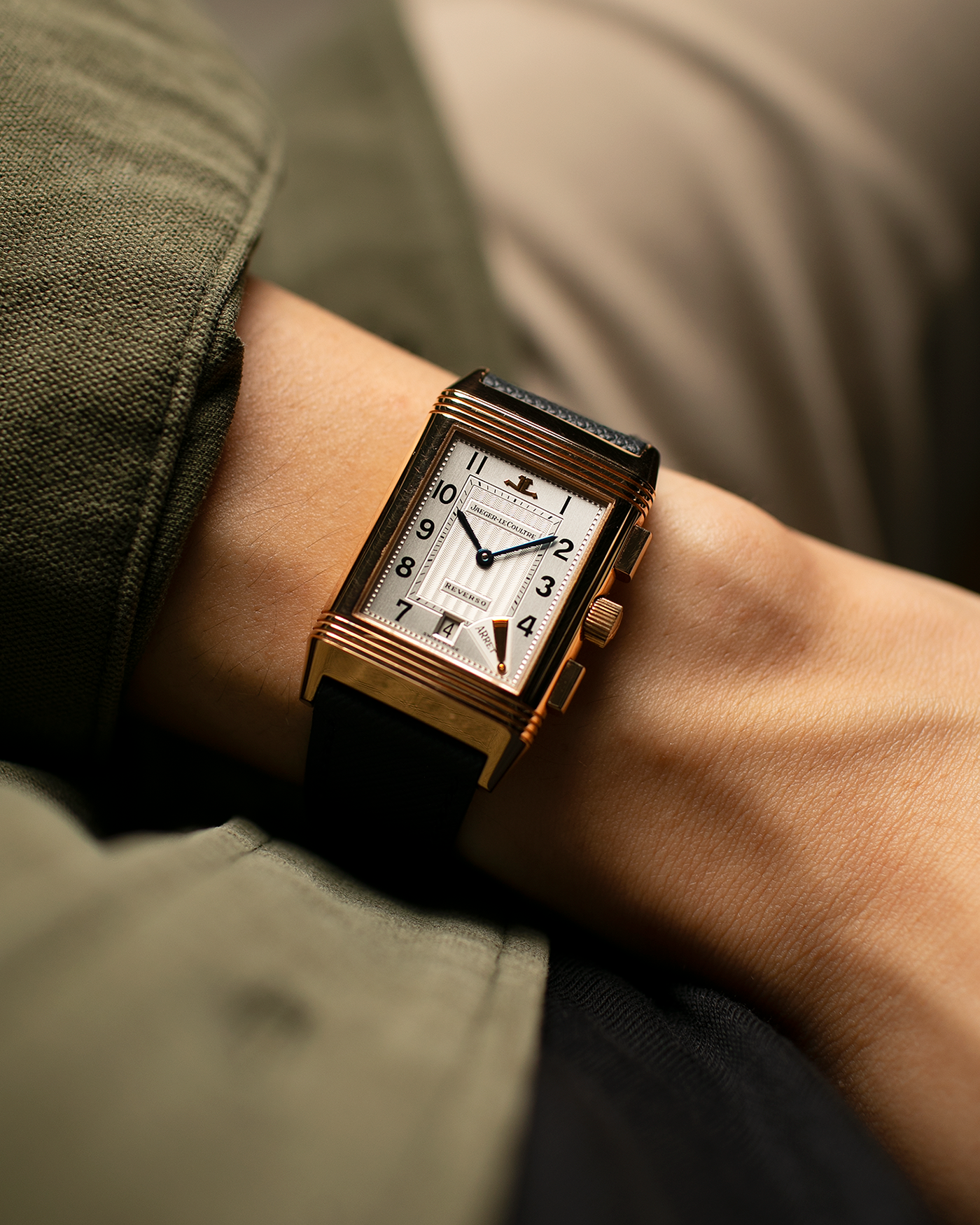 Brand: Jaeger LeCoultre Year: 1996 Model: Reverso Chronographe Retrograde, Limited to 500 pieces Reference: 270.2.69 Material: 18-carat Rose Gold Movement: Jaeger LeCoultre Cal. 829, Manual-Wind Case Dimensions: 42mm x 26mm x 9.5mm Lug Width: 19mm Strap: Molequin Navy Blue Textured Calf with Signed 18-carat Rose Gold Deployant Clasp