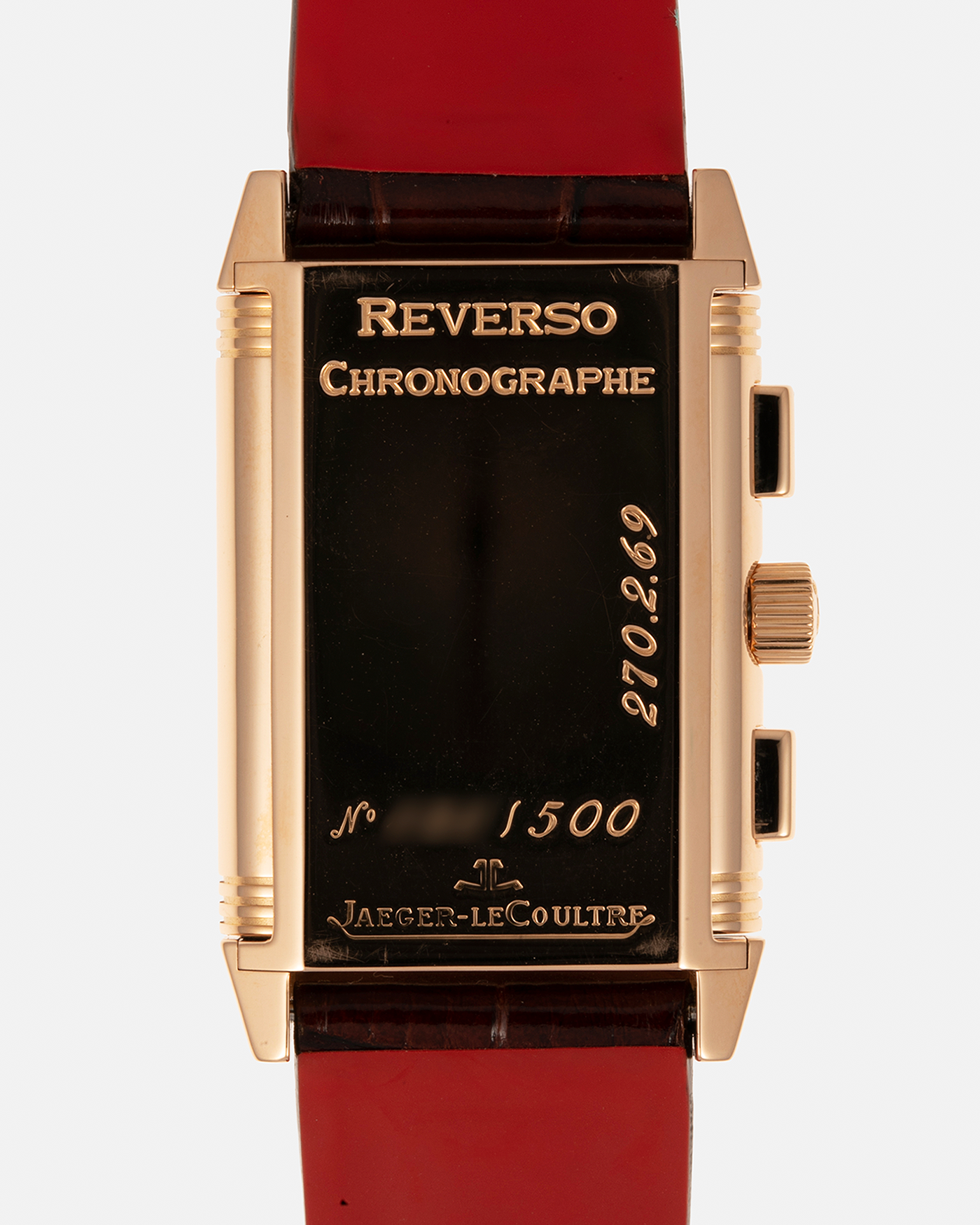 Brand: Jaeger LeCoultre Year: 1996 Model: Reverso Chronographe Retrograde, Limited to 500 pieces Reference: 270.2.69 Material: 18-carat Rose Gold Movement: Jaeger LeCoultre Cal. 829, Manual-Winding Case Dimensions: 42mm (including lugs) x 26mm x 9.5mm Lug Width: 19mm Strap: Jean Rosseau Brown Alligator Leather Strap with Signed 18-carat Rose Gold Deployant Clasp