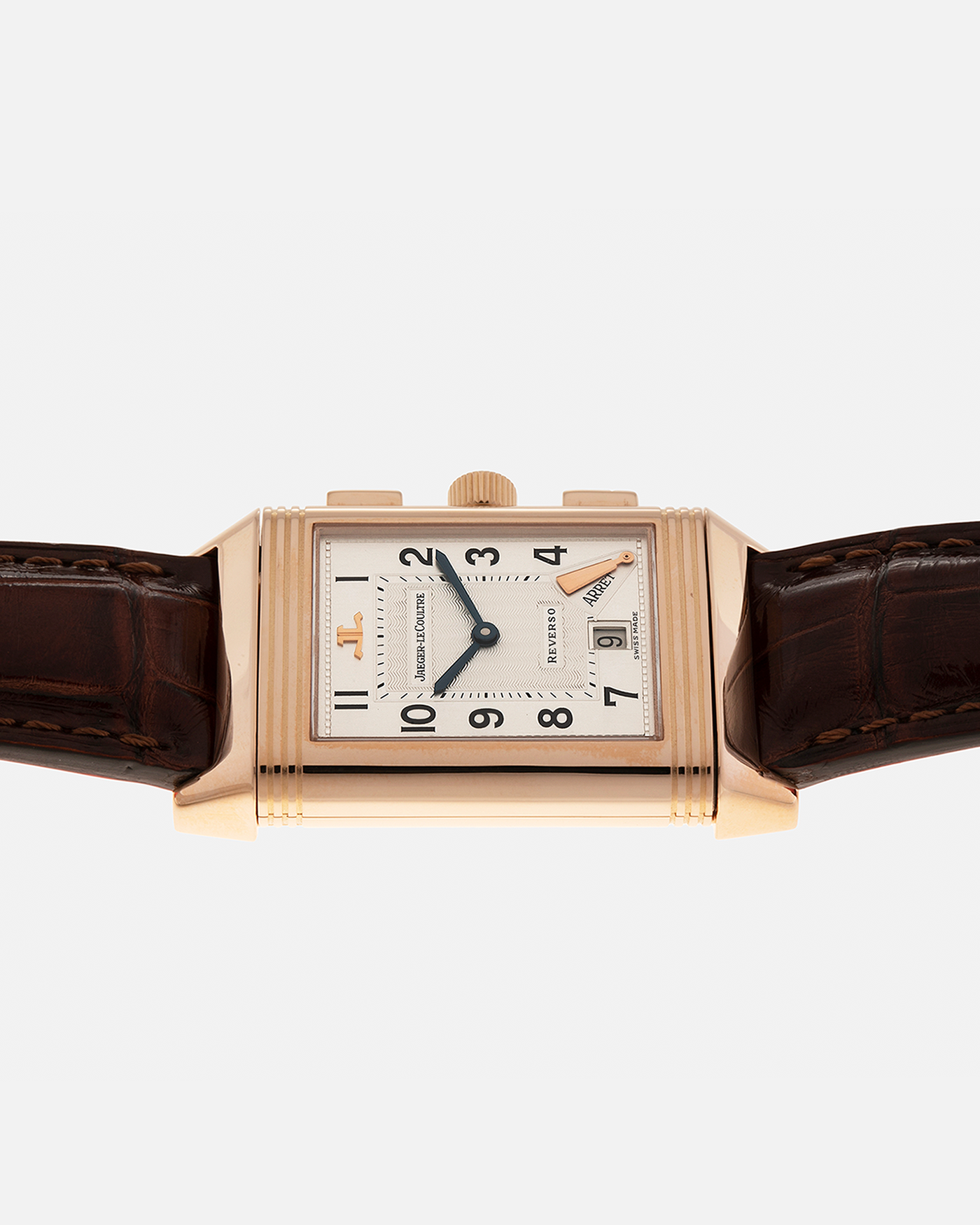 Brand: Jaeger LeCoultre Year: 1996 Model: Reverso Chronographe Retrograde, Limited to 500 pieces Reference: 270.2.69 Material: 18-carat Rose Gold Movement: Jaeger LeCoultre Cal. 829, Manual-Winding Case Dimensions: 42mm (including lugs) x 26mm x 9.5mm Lug Width: 19mm Strap: Jean Rosseau Brown Alligator Leather Strap with Signed 18-carat Rose Gold Deployant Clasp