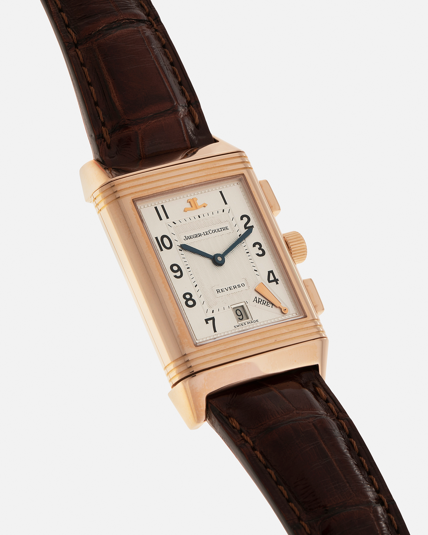Brand: Jaeger LeCoultre
Year: 1996
Model: Reverso Chronographe Retrograde, Limited to 500 pieces
Reference: 270.2.69
Material: 18-carat Rose Gold
Movement: Jaeger LeCoultre Cal. 829, Manual-Winding
Case Dimensions: 42mm (including lugs) x 26mm x 9.5mm
Lug Width: 19mm
Strap: Jean Rosseau Brown Alligator Leather Strap with Signed 18-carat Rose Gold Deployant Clasp
