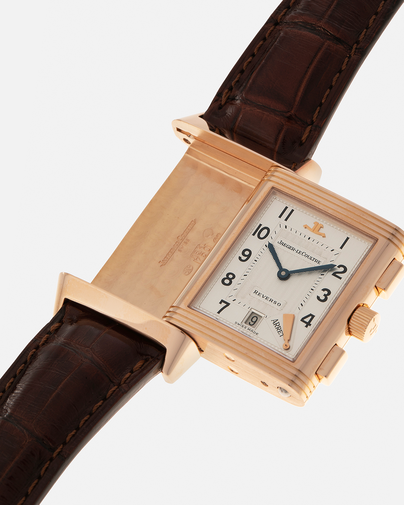 Brand: Jaeger LeCoultre
Year: 1996
Model: Reverso Chronographe Retrograde, Limited to 500 pieces
Reference: 270.2.69
Material: 18-carat Rose Gold
Movement: Jaeger LeCoultre Cal. 829, Manual-Winding
Case Dimensions: 42mm (including lugs) x 26mm x 9.5mm
Lug Width: 19mm
Strap: Jean Rosseau Brown Alligator Leather Strap with Signed 18-carat Rose Gold Deployant Clasp