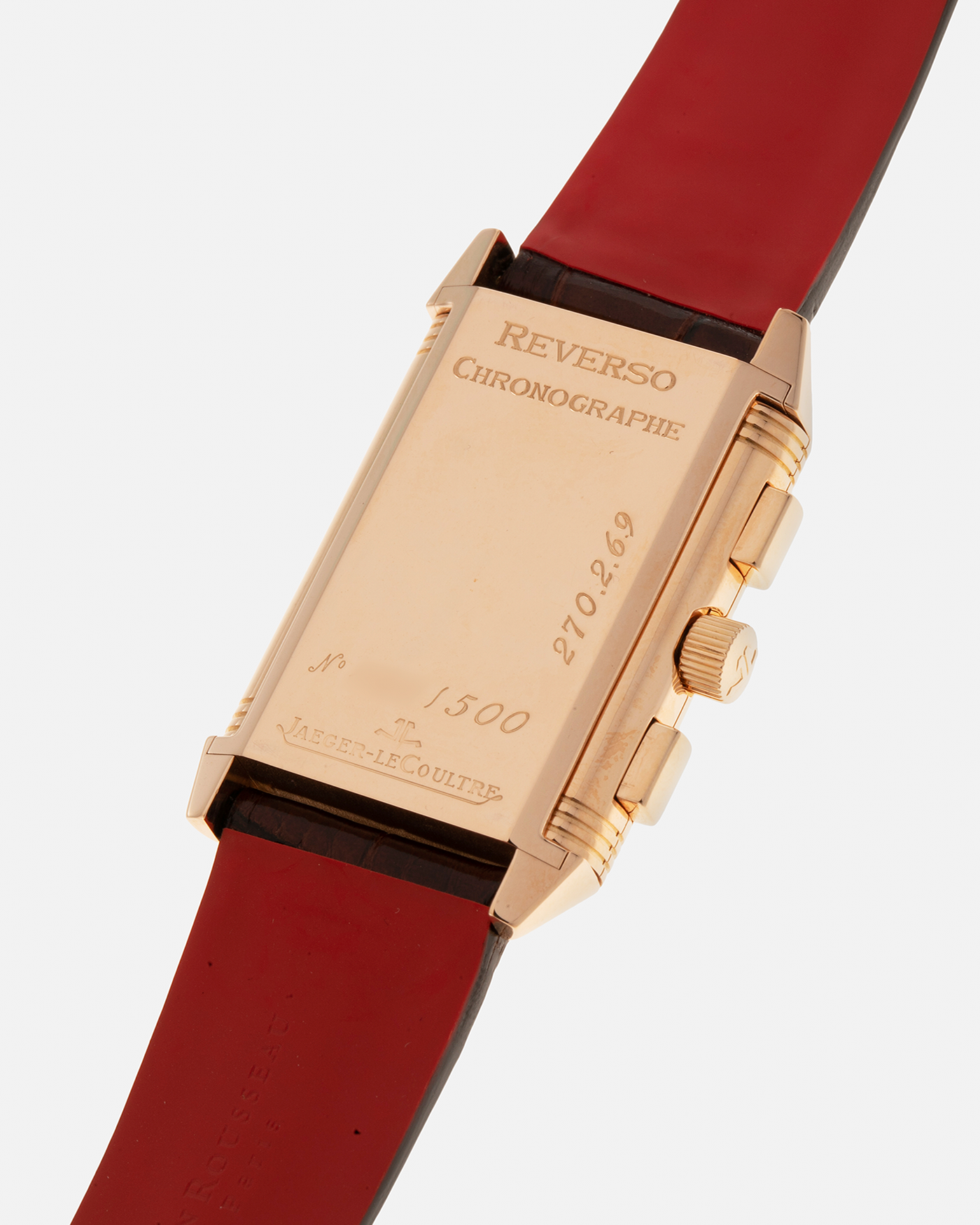 Brand: Jaeger LeCoultre
Year: 1996
Model: Reverso Chronographe Retrograde, Limited to 500 pieces
Reference: 270.2.69
Material: 18-carat Rose Gold
Movement: Jaeger LeCoultre Cal. 829, Manual-Winding
Case Dimensions: 42mm (including lugs) x 26mm x 9.5mm
Lug Width: 19mm
Strap: Jean Rosseau Brown Alligator Leather Strap with Signed 18-carat Rose Gold Deployant Clasp