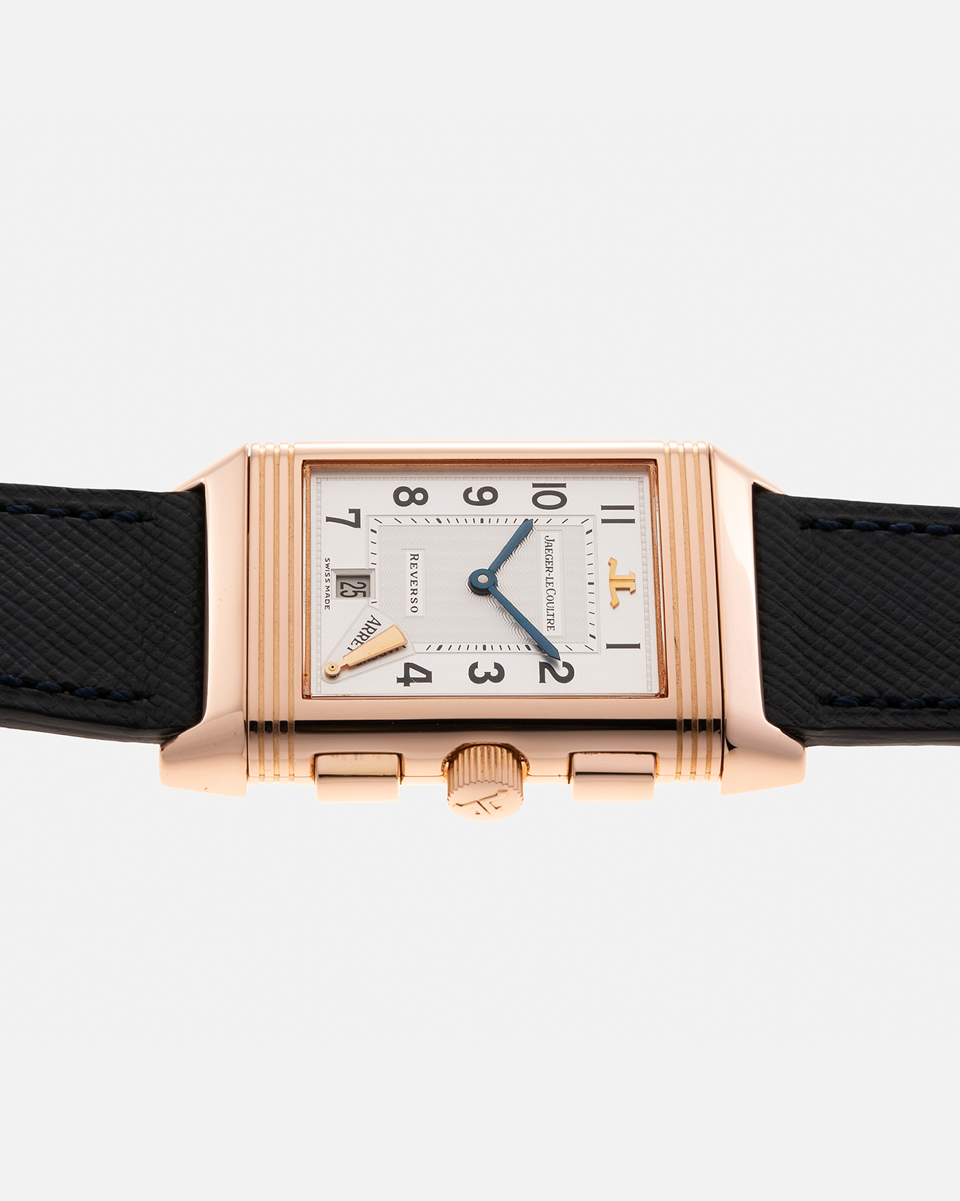 Brand: Jaeger LeCoultre Year: 1996 Model: Reverso Chronographe Retrograde, Limited to 500 pieces Reference: 270.2.69 Material: 18-carat Rose Gold Movement: JLC Cal. 829, Manual-Wind Case Diameter: 42mm x 26mm x 9.5mm Strap: Molequin Navy Blue Textured Calf with Signed 18-carat Rose Gold Deployant Clasp