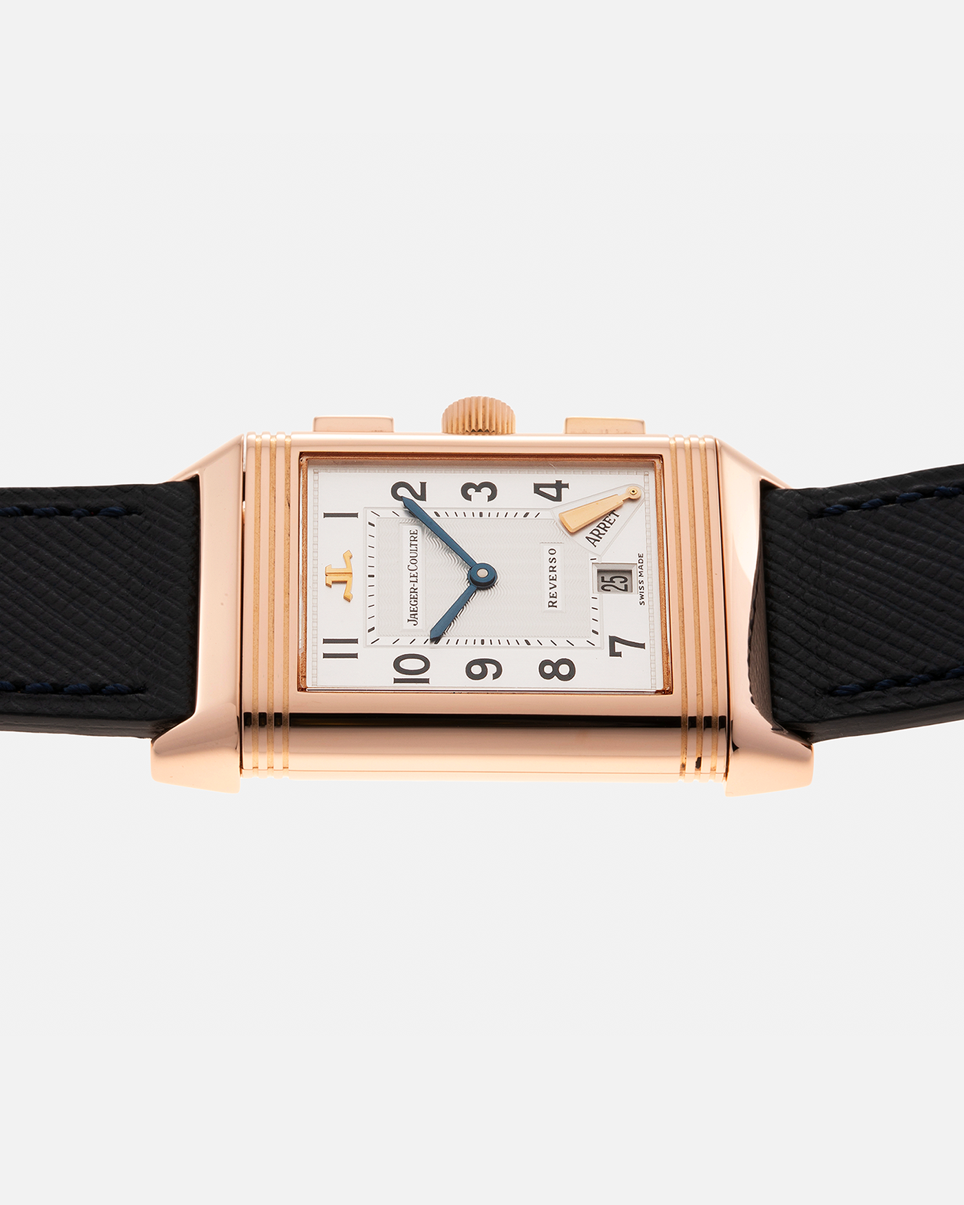 Brand: Jaeger LeCoultre Year: 1996 Model: Reverso Chronographe Retrograde, Limited to 500 pieces Reference: 270.2.69 Material: 18-carat Rose Gold Movement: JLC Cal. 829, Manual-Wind Case Diameter: 42mm x 26mm x 9.5mm Strap: Molequin Navy Blue Textured Calf with Signed 18-carat Rose Gold Deployant Clasp