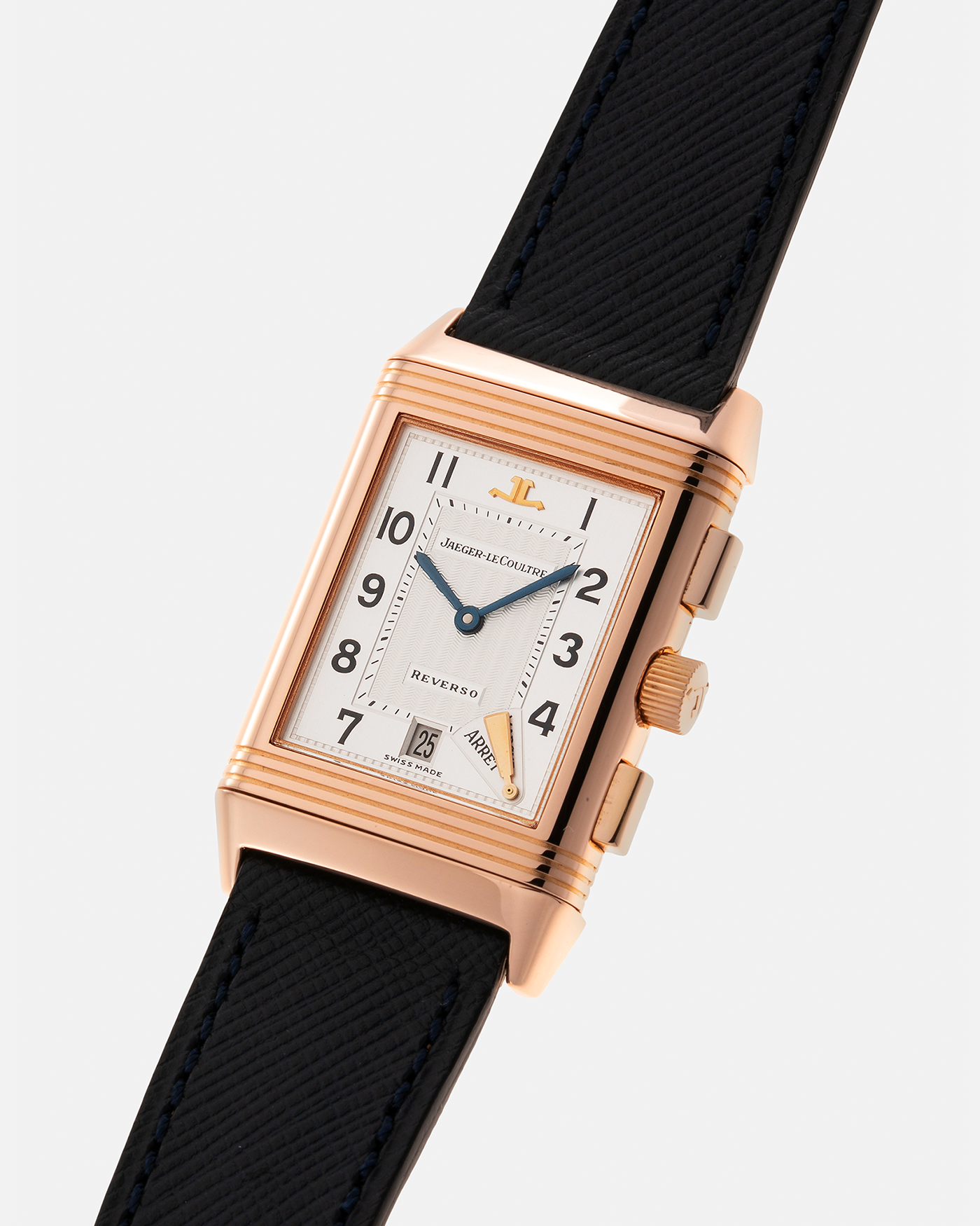 Brand: Jaeger LeCoultre Year: 1996 Model: Reverso Chronographe Retrograde, Limited to 500 pieces Reference: 270.2.69 Material: 18-carat Rose Gold Movement: JLC Cal. 829, Manual-Wind Case Diameter: 42mm x 26mm x 9.5mm Strap: Molequin Navy Blue Textured Calf with Signed 18-carat Rose Gold Deployant Clasp