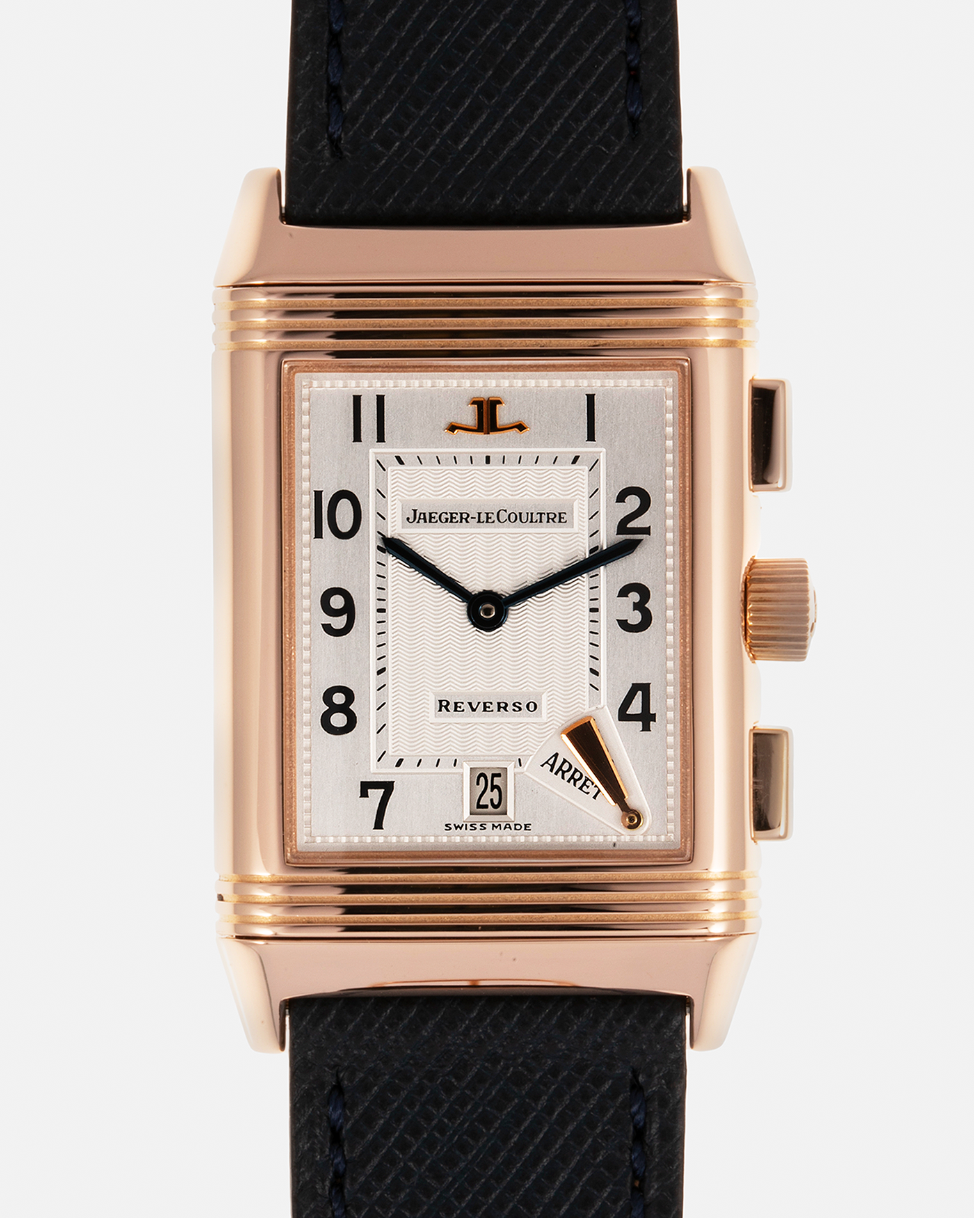 Brand: Jaeger LeCoultre Year: 1996 Model: Reverso Chronographe Retrograde, Limited to 500 pieces Reference: 270.2.69 Material: 18-carat Rose Gold Movement: JLC Cal. 829, Manual-Wind Case Diameter: 42mm x 26mm x 9.5mm Strap: Molequin Navy Blue Textured Calf with Signed 18-carat Rose Gold Deployant Clasp