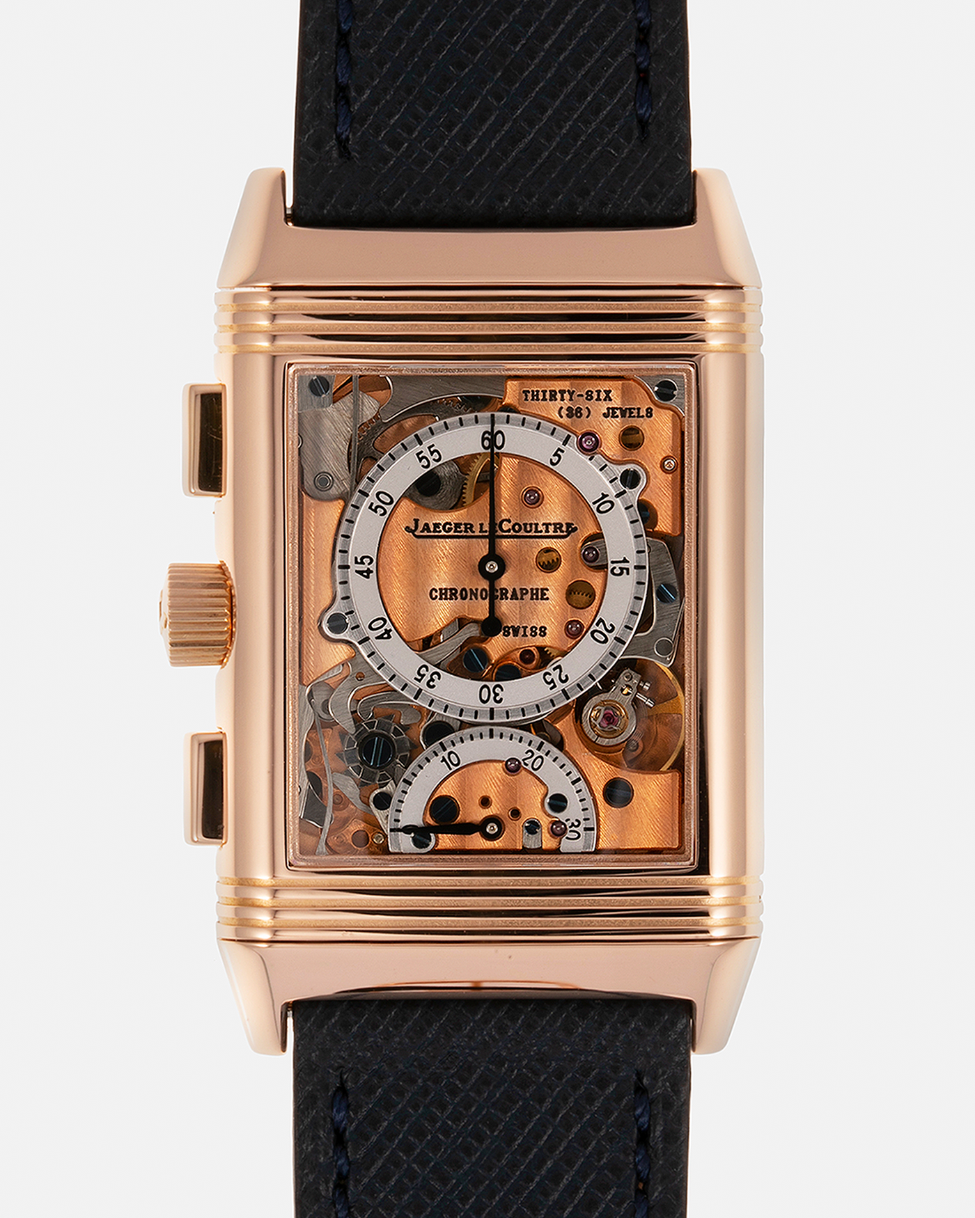 Brand: Jaeger LeCoultre Year: 1996 Model: Reverso Chronographe Retrograde, Limited to 500 pieces Reference: 270.2.69 Material: 18-carat Rose Gold Movement: JLC Cal. 829, Manual-Wind Case Diameter: 42mm x 26mm x 9.5mm Strap: Molequin Navy Blue Textured Calf with Signed 18-carat Rose Gold Deployant Clasp