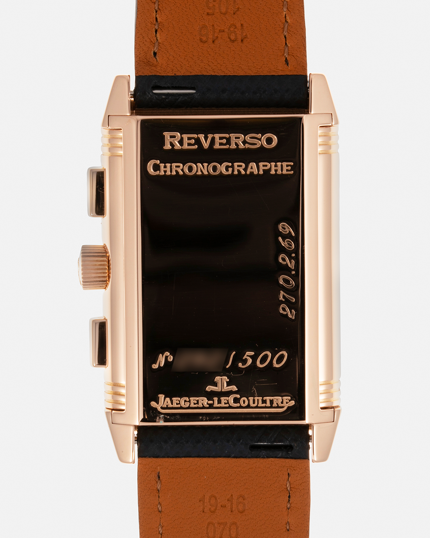 Brand: Jaeger LeCoultre Year: 1996 Model: Reverso Chronographe Retrograde, Limited to 500 pieces Reference: 270.2.69 Material: 18-carat Rose Gold Movement: JLC Cal. 829, Manual-Wind Case Diameter: 42mm x 26mm x 9.5mm Strap: Molequin Navy Blue Textured Calf with Signed 18-carat Rose Gold Deployant Clasp