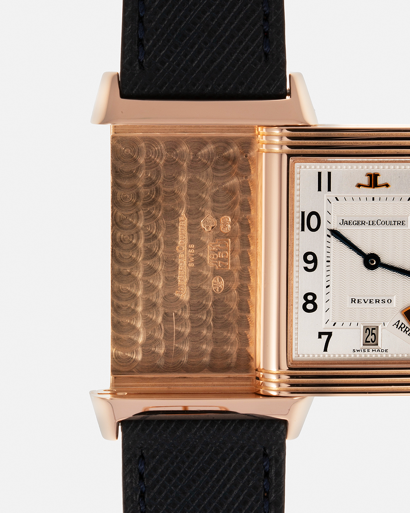 Brand: Jaeger LeCoultre Year: 1996 Model: Reverso Chronographe Retrograde, Limited to 500 pieces Reference: 270.2.69 Material: 18-carat Rose Gold Movement: JLC Cal. 829, Manual-Wind Case Diameter: 42mm x 26mm x 9.5mm Strap: Molequin Navy Blue Textured Calf with Signed 18-carat Rose Gold Deployant Clasp