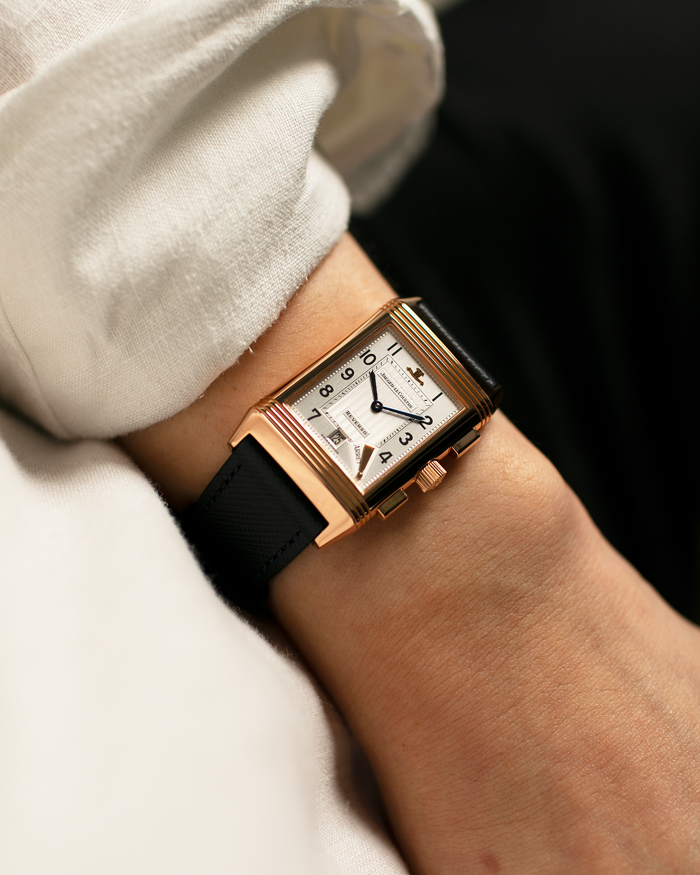 Brand: Jaeger LeCoultre Year: 1996 Model: Reverso Chronographe Retrograde, Limited to 500 pieces Reference: 270.2.69 Material: 18-carat Rose Gold Movement: JLC Cal. 829, Manual-Wind Case Diameter: 42mm x 26mm x 9.5mm Strap: Molequin Navy Blue Textured Calf with Signed 18-carat Rose Gold Deployant Clasp