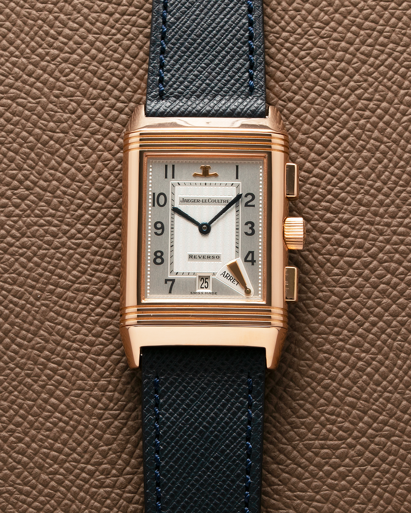Brand: Jaeger LeCoultre Year: 1996 Model: Reverso Chronographe Retrograde, Limited to 500 pieces Reference: 270.2.69 Material: 18-carat Rose Gold Movement: JLC Cal. 829, Manual-Wind Case Diameter: 42mm x 26mm x 9.5mm Strap: Molequin Navy Blue Textured Calf with Signed 18-carat Rose Gold Deployant Clasp
