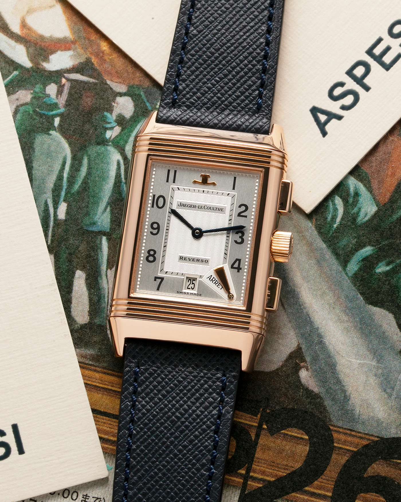 Brand: Jaeger LeCoultre Year: 1996 Model: Reverso Chronographe Retrograde, Limited to 500 pieces Reference: 270.2.69 Material: 18-carat Rose Gold Movement: JLC Cal. 829, Manual-Wind Case Diameter: 42mm x 26mm x 9.5mm Strap: Molequin Navy Blue Textured Calf with Signed 18-carat Rose Gold Deployant Clasp