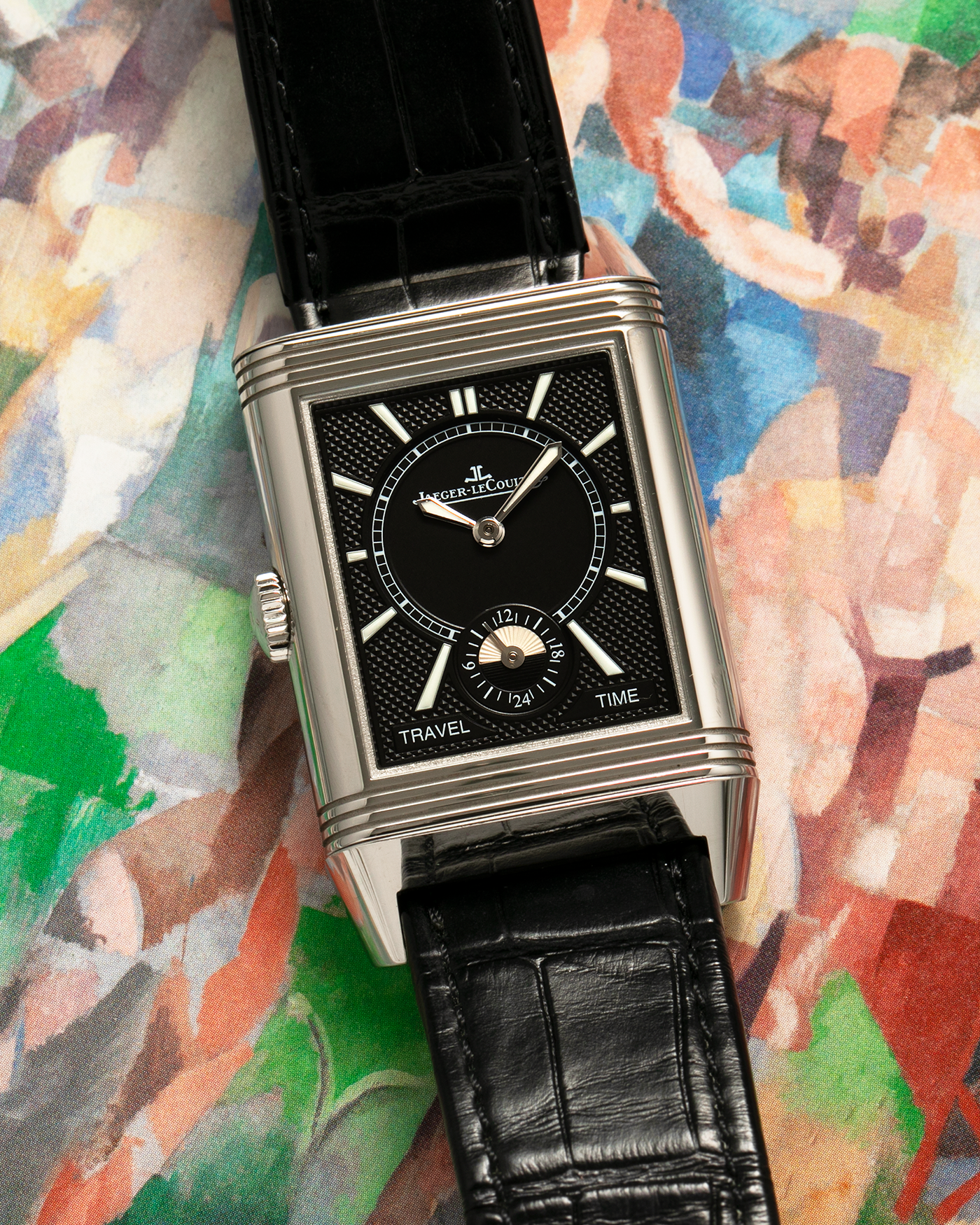 Brand: Jaeger LeCoultre Year: 2020 Model: Reverso Classic Large Duoface Q3848422 Reference Number: 215.8.D4 Material: Stainless Steel Movement: Jaeger LeCoultre Cal. 854A/2, Manual-Wind Case Dimensions: 47mm x 28.3mm x 10.3mm Lug Width: 20mm Strap: Jaeger LeCoultre Case Black Alligator Leather Strap with Signed Stainless Steel Deployant Buckle