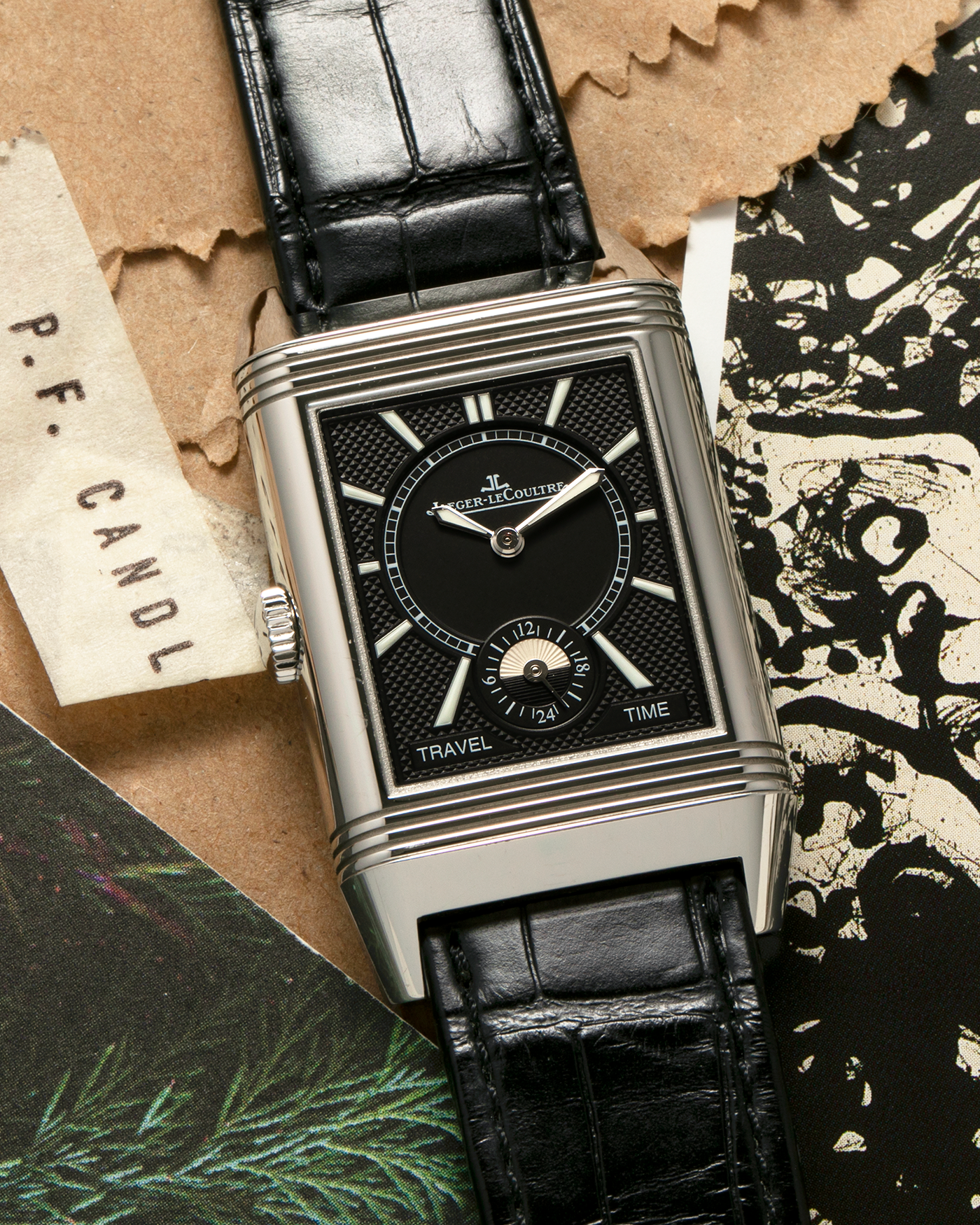 Brand: Jaeger LeCoultre Year: 2020 Model: Reverso Classic Large Duoface Q3848422 Reference Number: 215.8.D4 Material: Stainless Steel Movement: Jaeger LeCoultre Cal. 854A/2, Manual-Wind Case Dimensions: 47mm x 28.3mm x 10.3mm Lug Width: 20mm Strap: Jaeger LeCoultre Case Black Alligator Leather Strap with Signed Stainless Steel Deployant Buckle
