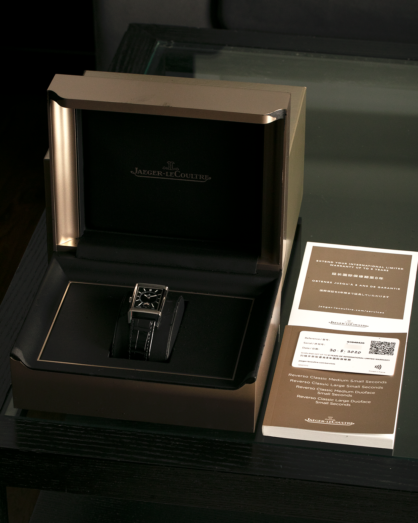 Brand: Jaeger LeCoultre Year: 2020 Model: Reverso Classic Large Duoface Q3848422 Reference Number: 215.8.D4 Material: Stainless Steel Movement: Jaeger LeCoultre Cal. 854A/2, Manual-Wind Case Dimensions: 47mm x 28.3mm x 10.3mm Lug Width: 20mm Strap: Jaeger LeCoultre Case Black Alligator Leather Strap with Signed Stainless Steel Deployant Buckle