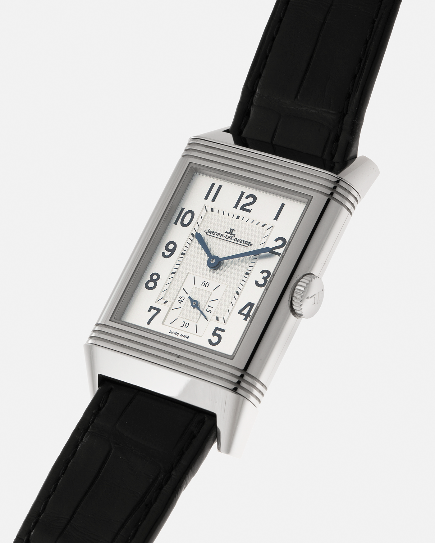 Brand: Jaeger LeCoultre Year: 2020 Model: Reverso Classic Large Duoface Q3848422 Reference Number: 215.8.D4 Material: Stainless Steel Movement: Jaeger LeCoultre Cal. 854A/2, Manual-Wind Case Dimensions: 47mm x 28.3mm x 10.3mm Lug Width: 20mm Strap: Jaeger LeCoultre Case Black Alligator Leather Strap with Signed Stainless Steel Deployant Buckle