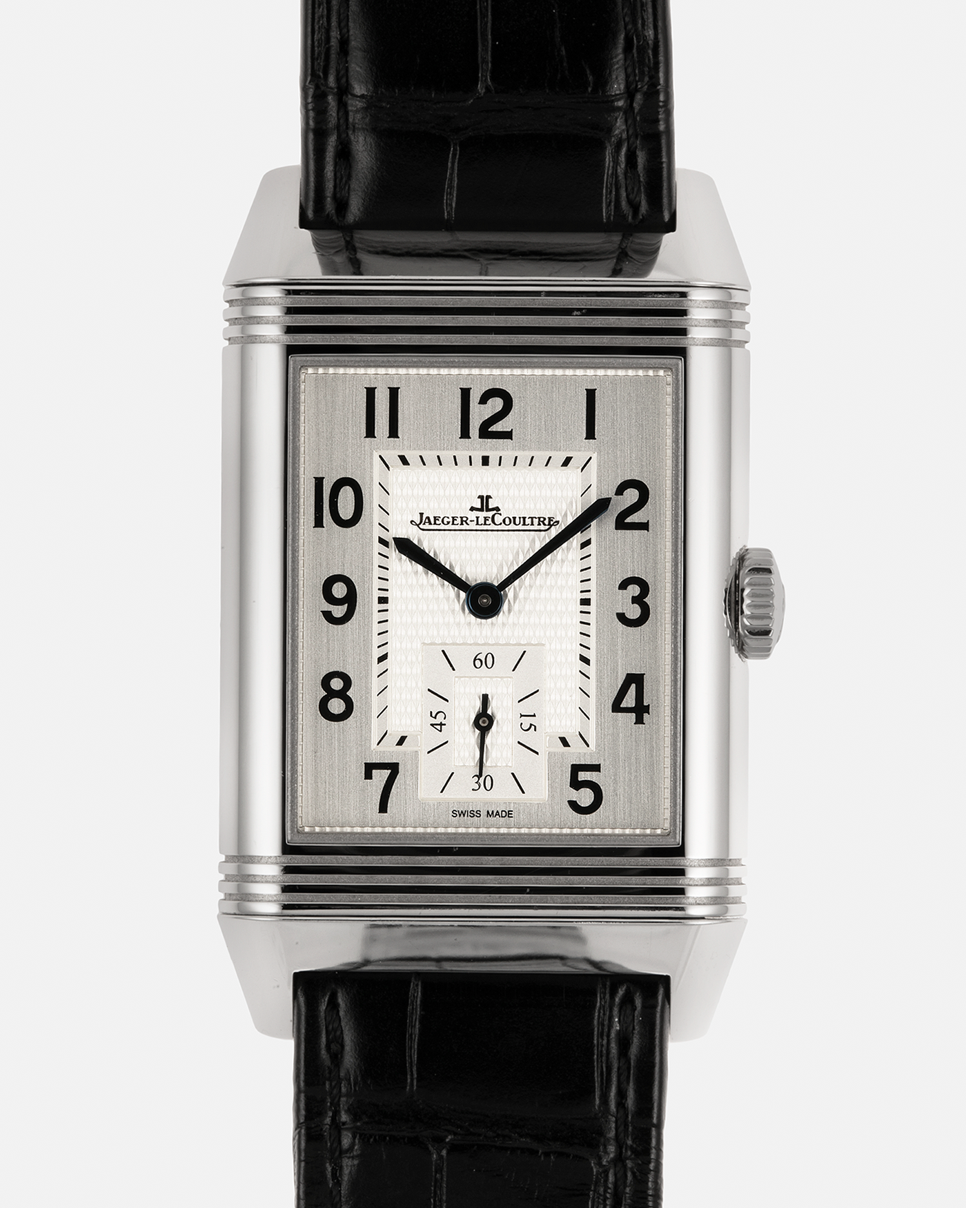 Brand: Jaeger LeCoultre Year: 2020 Model: Reverso Classic Large Duoface Q3848422 Reference Number: 215.8.D4 Material: Stainless Steel Movement: Jaeger LeCoultre Cal. 854A/2, Manual-Wind Case Dimensions: 47mm x 28.3mm x 10.3mm Lug Width: 20mm Strap: Jaeger LeCoultre Case Black Alligator Leather Strap with Signed Stainless Steel Deployant Buckle