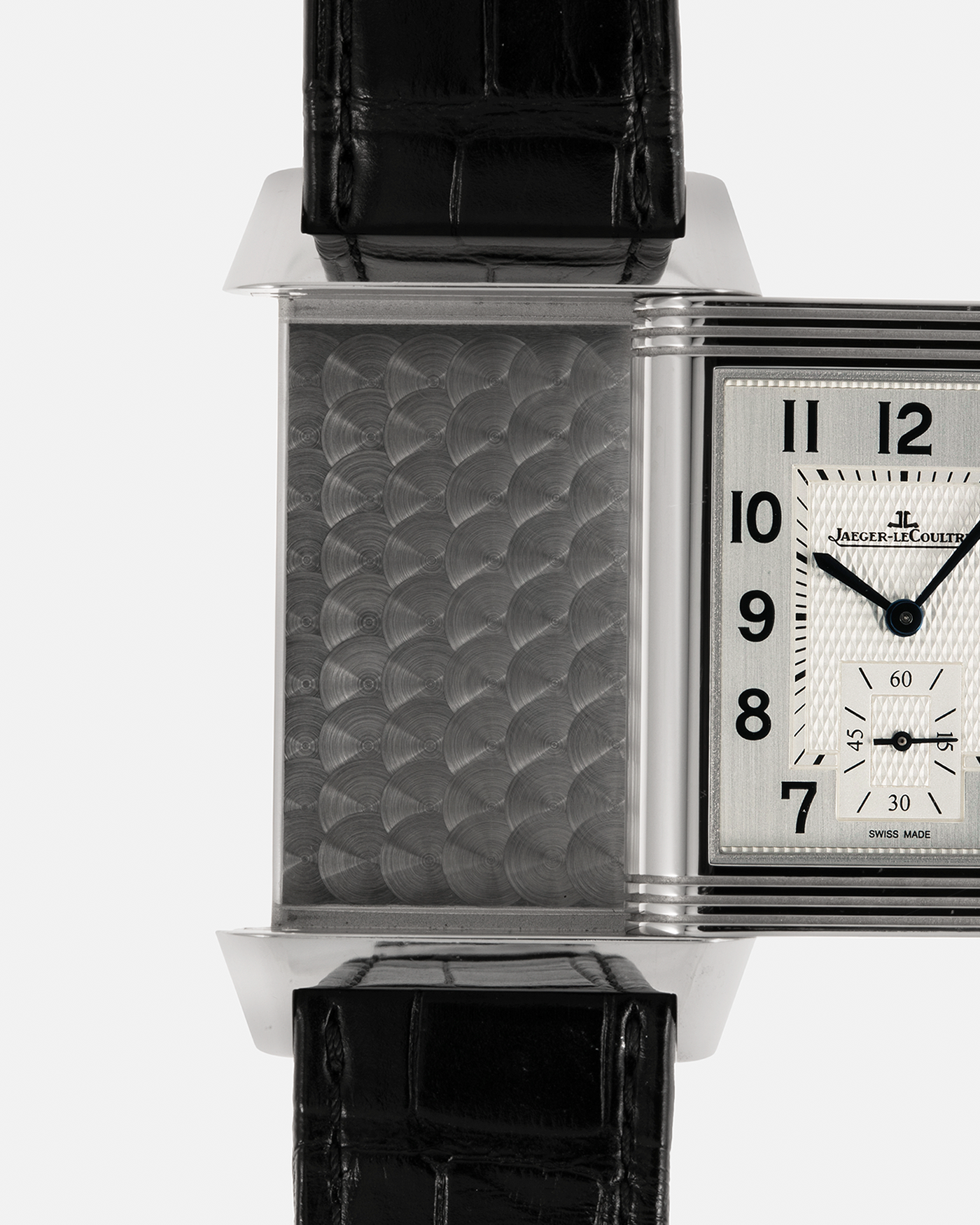 Brand: Jaeger LeCoultre Year: 2020 Model: Reverso Classic Large Duoface Q3848422 Reference Number: 215.8.D4 Material: Stainless Steel Movement: Jaeger LeCoultre Cal. 854A/2, Manual-Wind Case Dimensions: 47mm x 28.3mm x 10.3mm Lug Width: 20mm Strap: Jaeger LeCoultre Case Black Alligator Leather Strap with Signed Stainless Steel Deployant Buckle