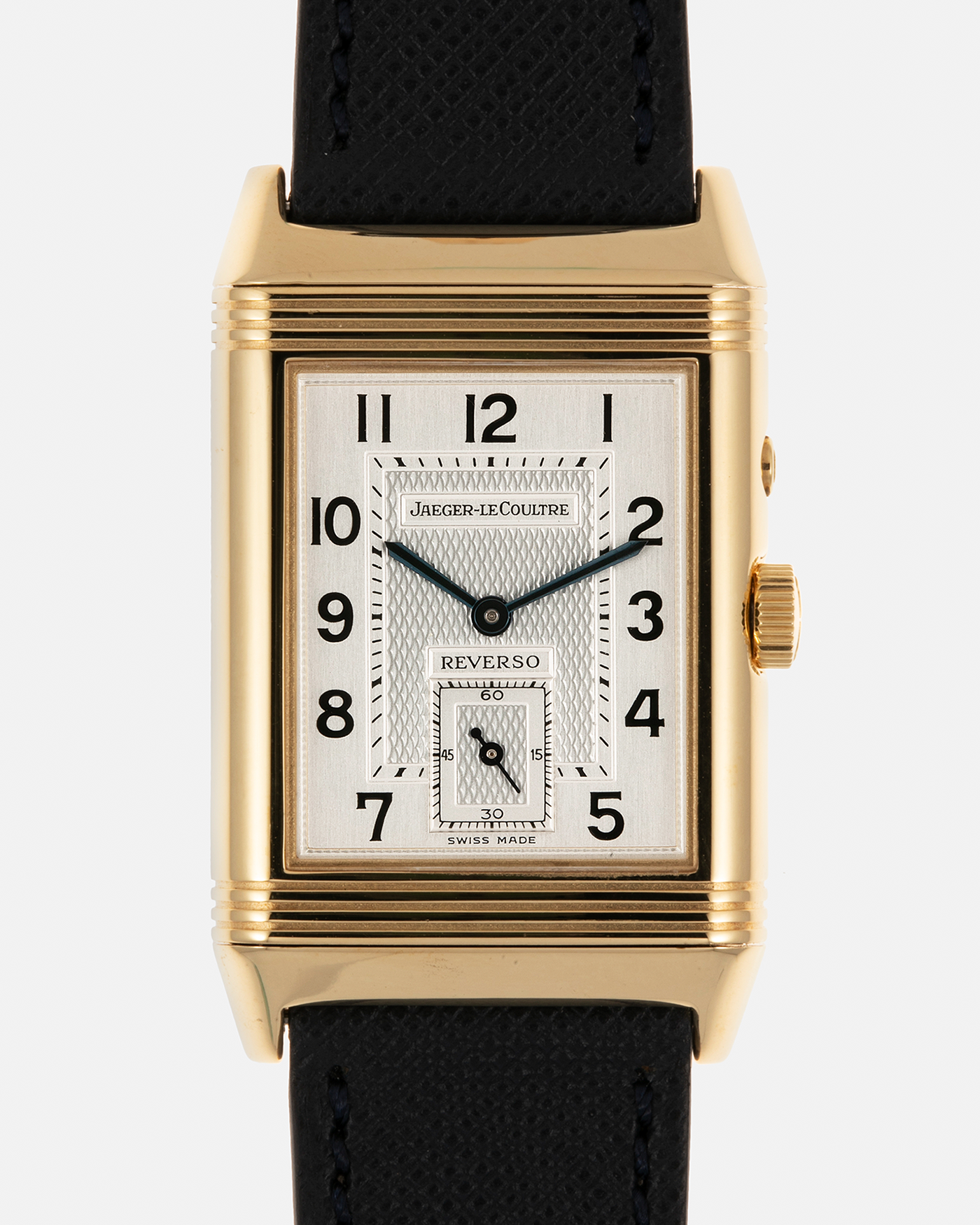 Brand: Jaeger LeCoultre Year: 2000s Model: Reverso Duoface Japan Edition Blue, Limited Edition of 39 Pieces Reference Number: 270.1.54 Case Material: 18-carat Yellow Gold Movement: Jaeger LeCoultre Cal. 854, Manual-Wind Case Diameter: 42mm x 26mm Lug Width: 19mm Strap: Molequin Navy Blue Textured Calf Leather Strap with Signed 1-carat Yellow Gold Deployant Clasp, with additional Jaeger LeCoultre Black Alligator Leather Strap (Used)