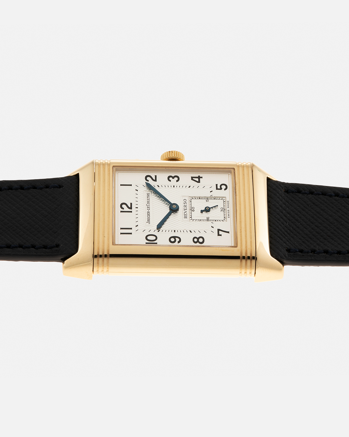Brand: Jaeger LeCoultre Year: 2000s Model: Reverso Duoface Japan Edition Blue, Limited Edition of 39 Pieces Reference Number: 270.1.54 Case Material: 18-carat Yellow Gold Movement: Jaeger LeCoultre Cal. 854, Manual-Wind Case Diameter: 42mm x 26mm Lug Width: 19mm Strap: Molequin Navy Blue Textured Calf Leather Strap with Signed 1-carat Yellow Gold Deployant Clasp, with additional Jaeger LeCoultre Black Alligator Leather Strap (Used)