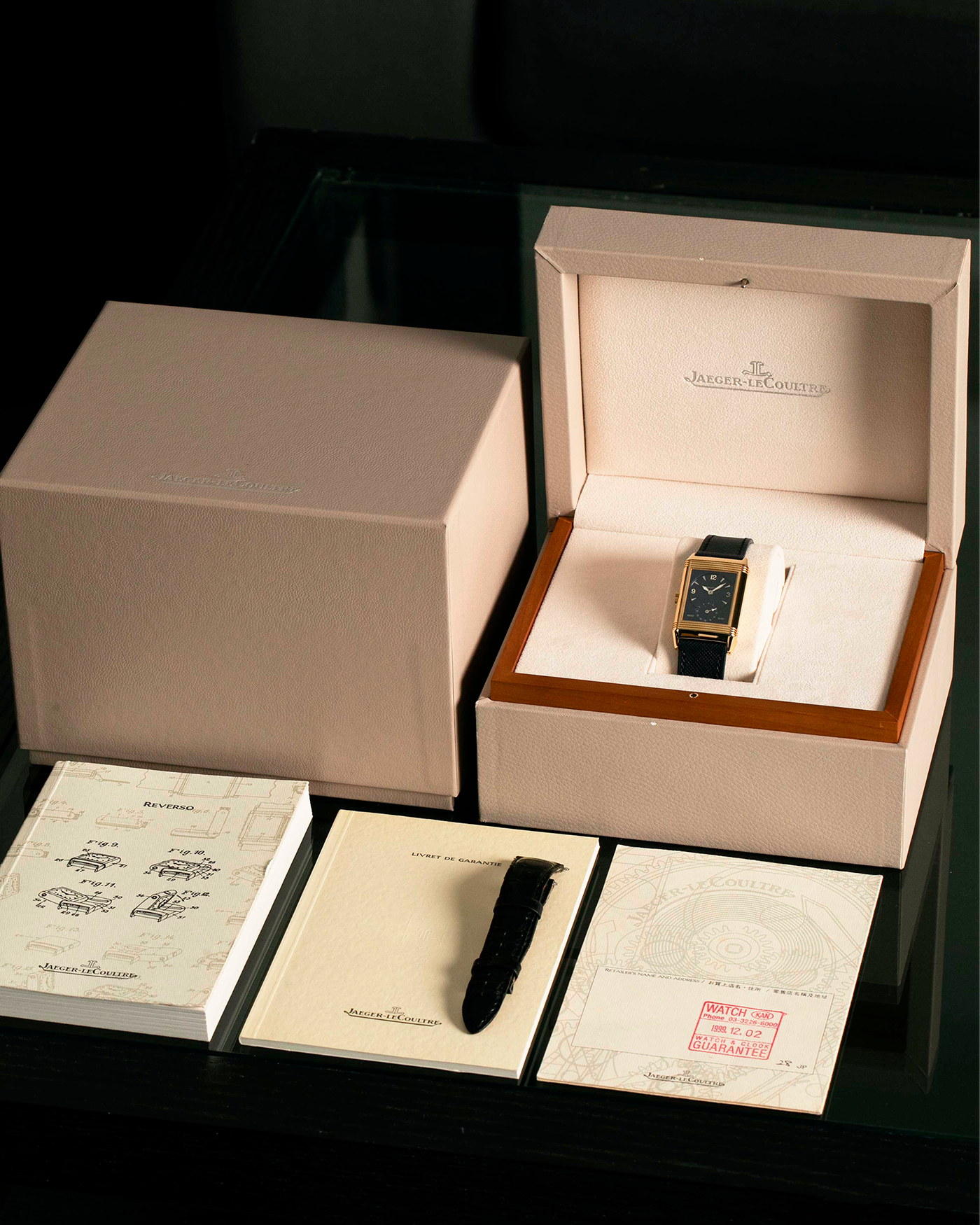 Brand: Jaeger LeCoultre Year: 2000s Model: Reverso Duoface Japan Edition Blue, Limited Edition of 39 Pieces Reference Number: 270.1.54 Case Material: 18-carat Yellow Gold Movement: Jaeger LeCoultre Cal. 854, Manual-Wind Case Diameter: 42mm x 26mm Lug Width: 19mm Strap: Molequin Navy Blue Textured Calf Leather Strap with Signed 1-carat Yellow Gold Deployant Clasp, with additional Jaeger LeCoultre Black Alligator Leather Strap (Used)