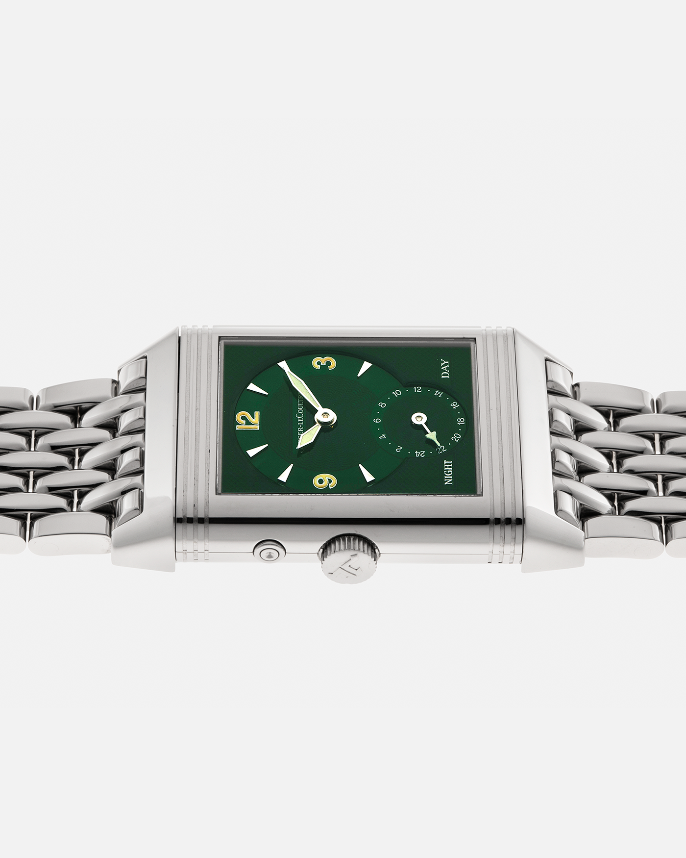 Brand: Jaeger LeCoultre
Year: 1999
Model: Reverso Duoface Japan Edition Green, Limited Edition of 300 Pieces
Reference Number: 270.8.54
Material: Stainless Steel
Movement: Jaeger LeCoultre Cal. 854, Manual-Winding
Case Dimensions: 42mm (Including Lugs) x 26mm x 9.5mm
Lug Width: 19mm
Bracelet: Jaeger LeCoultre Stainless Steel Bracelet With Signed Clasp