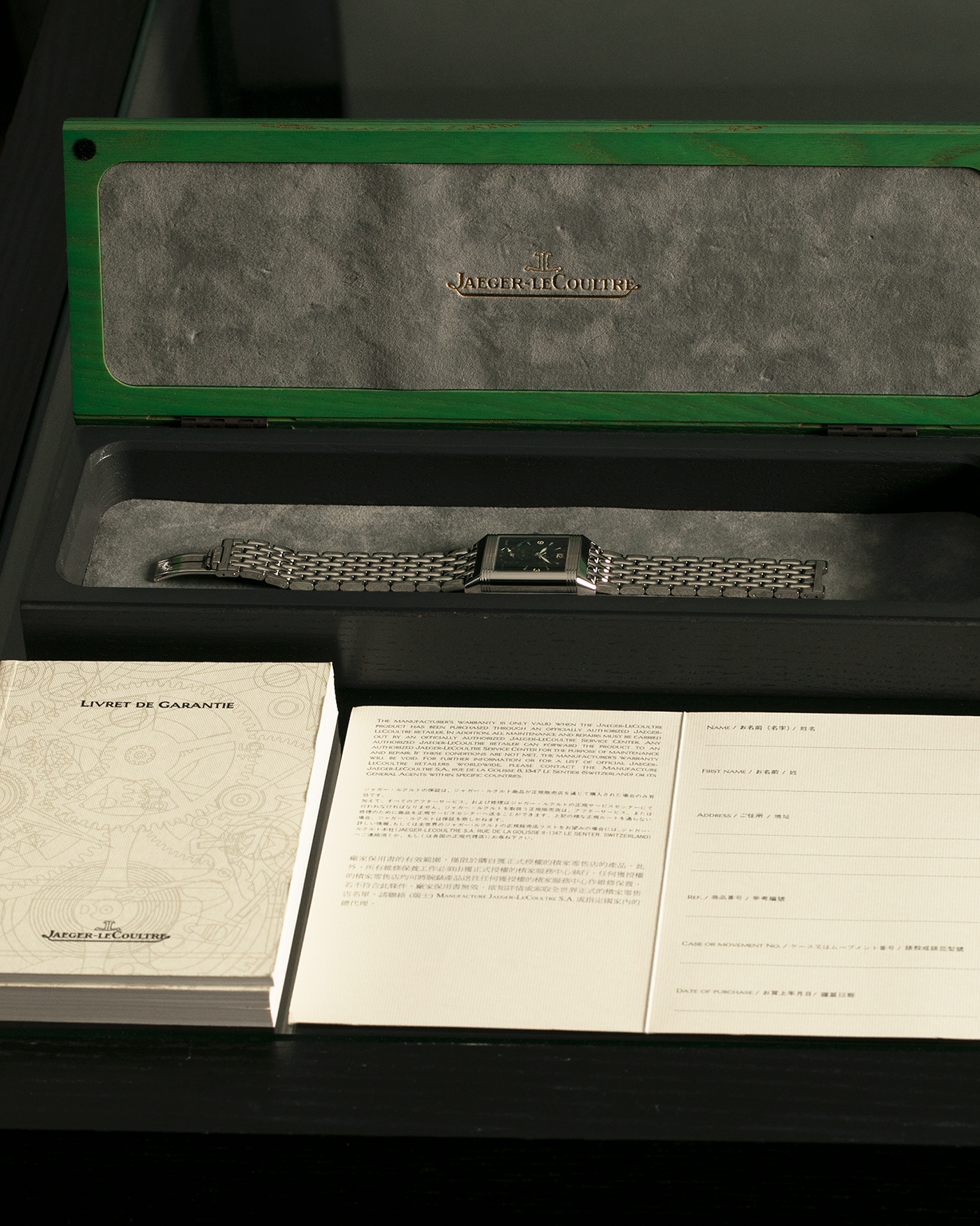 Brand: Jaeger LeCoultre
Year: 1999
Model: Reverso Duoface Japan Edition Green, Limited Edition of 300 Pieces
Reference Number: 270.8.54
Material: Stainless Steel
Movement: Jaeger LeCoultre Cal. 854, Manual-Winding
Case Dimensions: 42mm (Including Lugs) x 26mm x 9.5mm
Lug Width: 19mm
Bracelet: Jaeger LeCoultre Stainless Steel Bracelet With Signed Clasp