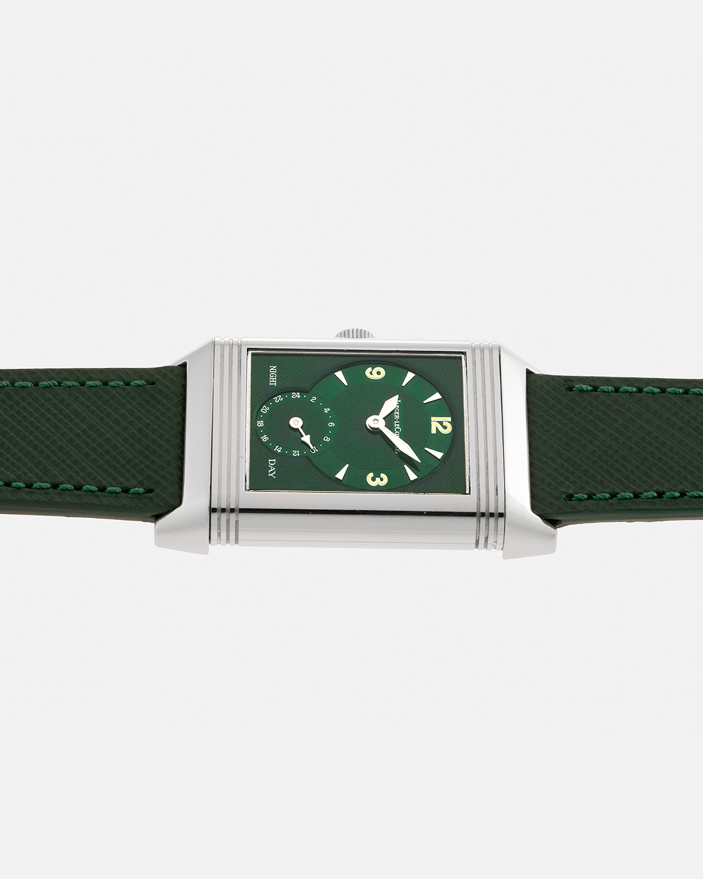 Brand: Jaeger LeCoultre Year: 2000s Model: Reverso Duoface Japan Edition Green, Limited Edition of 300 Pieces Reference Number: 270.8.54 Material: Stainless Steel Movement: Jaeger LeCoultre Cal. 854, Manual-Winding Case Diameter: 42mm x 26mm Lug Width: 19mm Strap: Molequin Hunter Green Textured Calf Leather Strap with Signed Stainless Steel Deployant Clasp, with additional Green Alligator Leather Strap