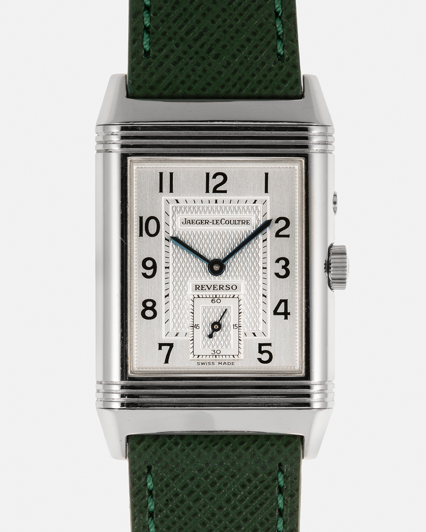 Brand: Jaeger LeCoultre Year: 2000s Model: Reverso Duoface Japan Edition Green, Limited Edition of 300 Pieces Reference Number: 270.8.54 Material: Stainless Steel Movement: Jaeger LeCoultre Cal. 854, Manual-Winding Case Diameter: 42mm x 26mm Lug Width: 19mm Strap: Molequin Hunter Green Textured Calf Leather Strap with Signed Stainless Steel Deployant Clasp, with additional Green Alligator Leather Strap