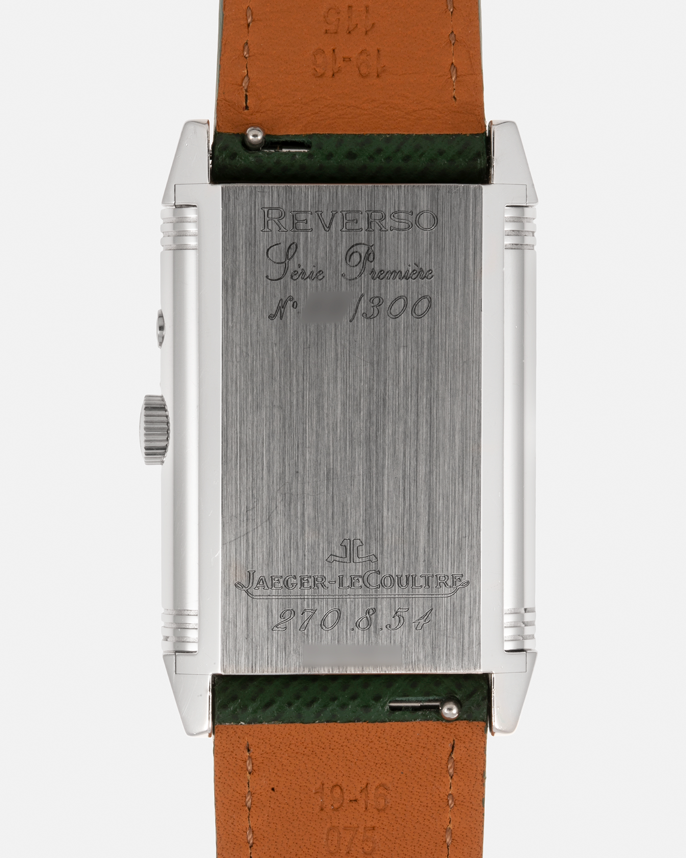 Brand: Jaeger LeCoultre Year: 2000s Model: Reverso Duoface Japan Edition Green, Limited Edition of 300 Pieces Reference Number: 270.8.54 Material: Stainless Steel Movement: Jaeger LeCoultre Cal. 854, Manual-Winding Case Diameter: 42mm x 26mm Lug Width: 19mm Strap: Molequin Hunter Green Textured Calf Leather Strap with Signed Stainless Steel Deployant Clasp, with additional Green Alligator Leather Strap