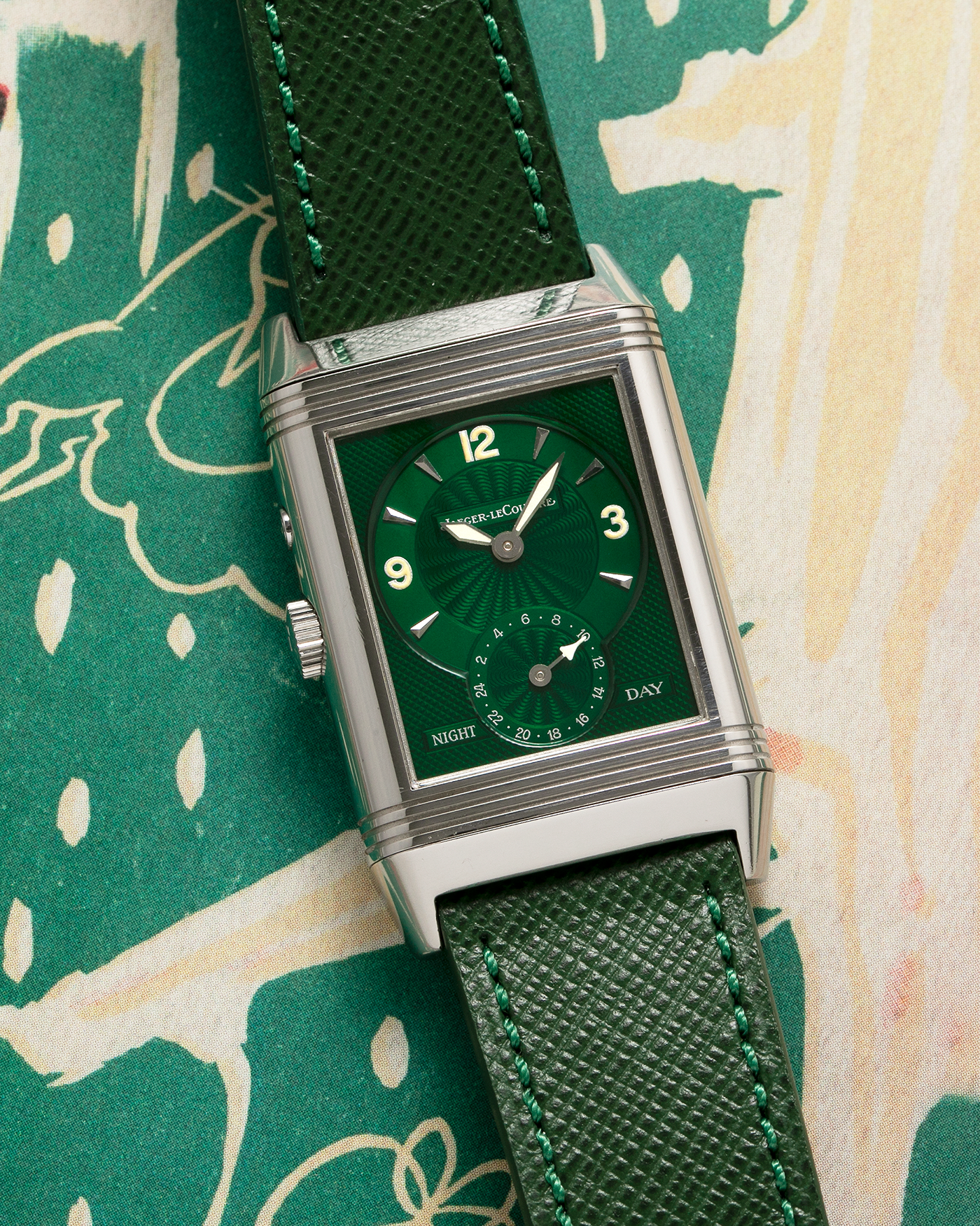 Brand: Jaeger LeCoultre Year: 2000s Model: Reverso Duoface Japan Edition Green, Limited Edition of 300 Pieces Reference Number: 270.8.54 Material: Stainless Steel Movement: Jaeger LeCoultre Cal. 854, Manual-Winding Case Diameter: 42mm x 26mm Lug Width: 19mm Strap: Molequin Hunter Green Textured Calf Leather Strap with Signed Stainless Steel Deployant Clasp, with additional Green Alligator Leather Strap