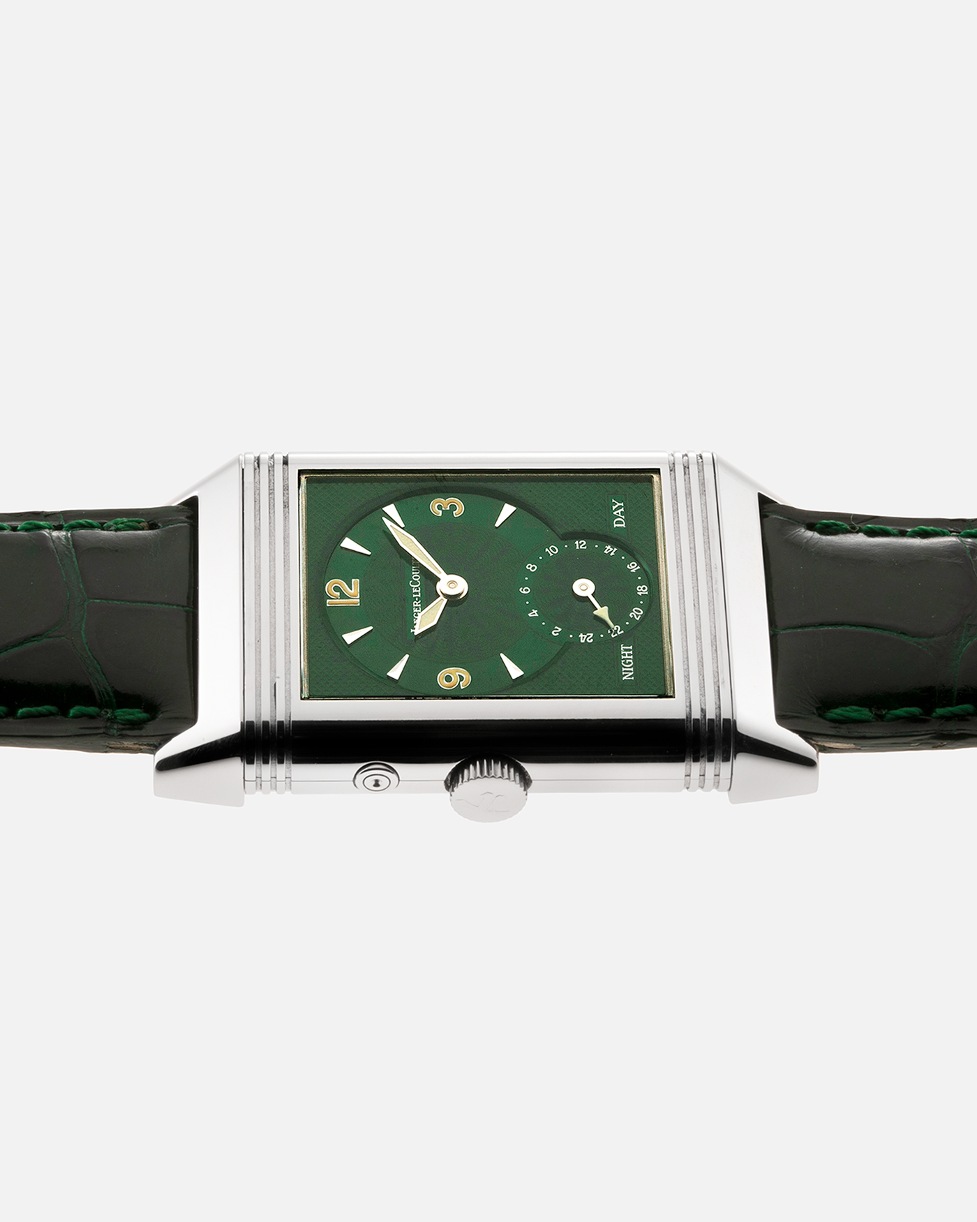 Brand: Jaeger-LeCoultre Year: 1999 Model: Reverso Duo Serie Premier, Ref. 270.8.54 Green Japan Edition Material: Stainless Steel Movement: Cal. 854, Manual-Wind Case Diameter: 42 x 26mm Bracelet/Strap: Emerald Green Crocodile Leather Strap with Signed Stainless Steel Deployant Clasp