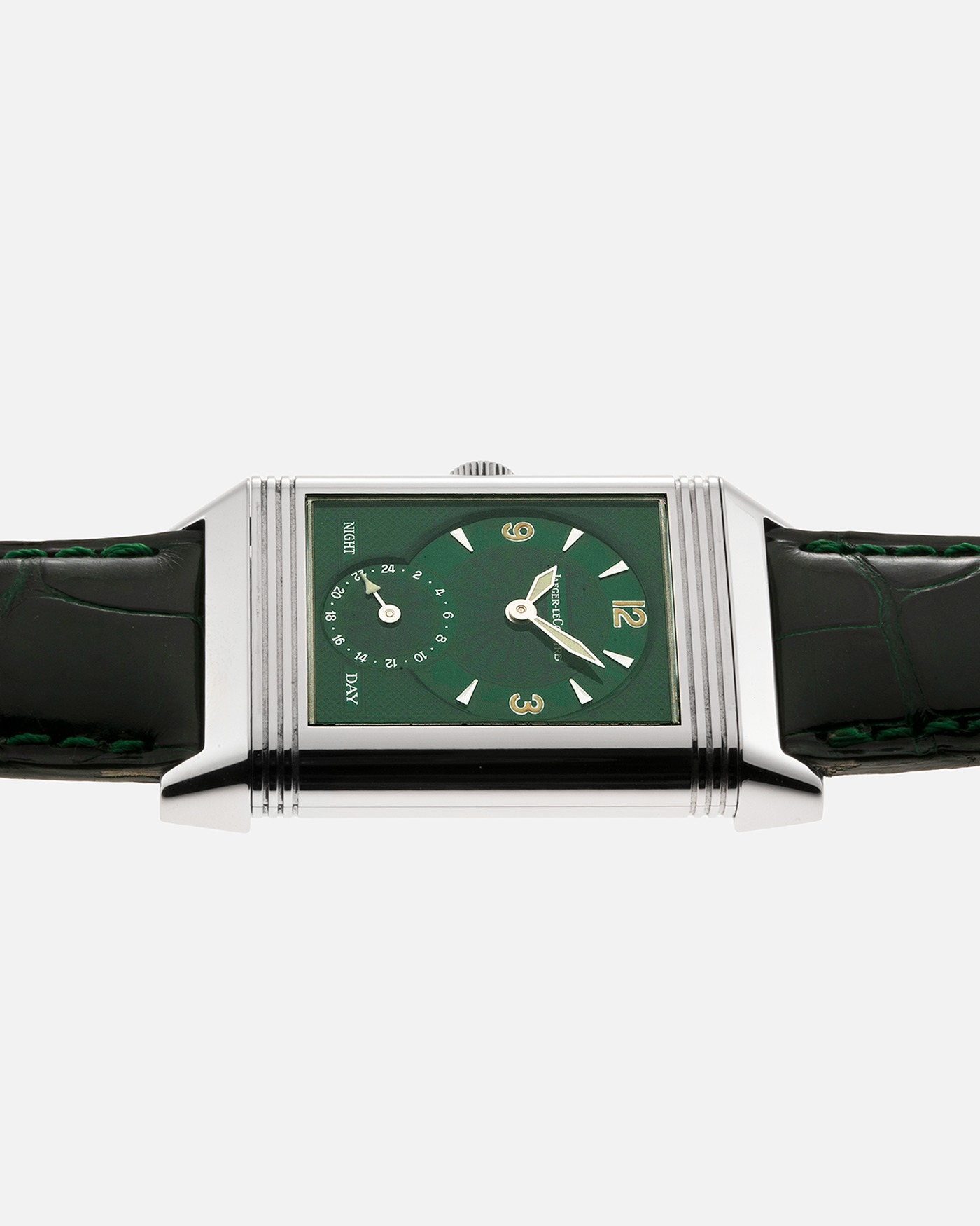 Brand: Jaeger-LeCoultre Year: 1999 Model: Reverso Duo Serie Premier, Ref. 270.8.54 Green Japan Edition Material: Stainless Steel Movement: Cal. 854, Manual-Wind Case Diameter: 42 x 26mm Bracelet/Strap: Emerald Green Crocodile Leather Strap with Signed Stainless Steel Deployant Clasp