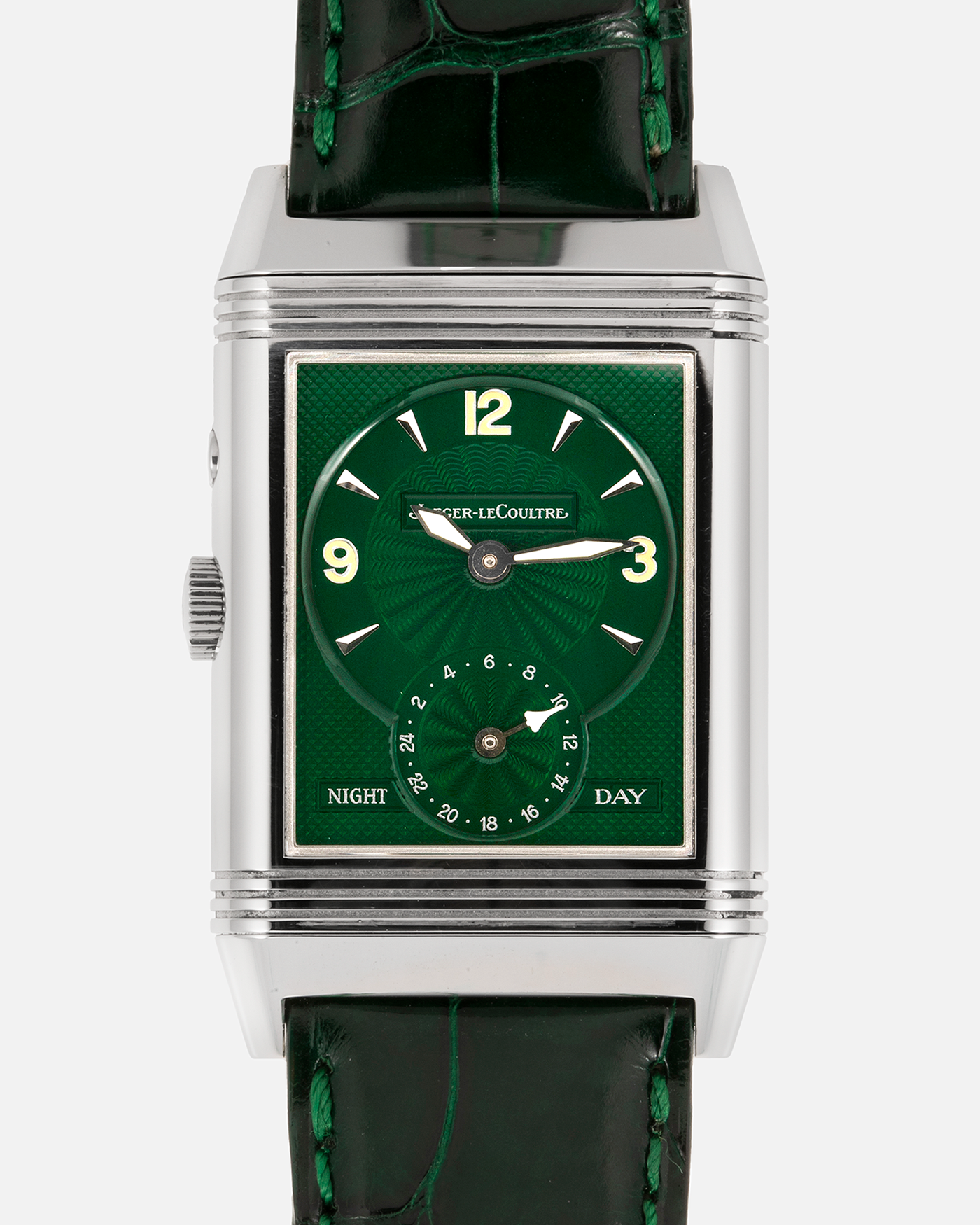 Brand: Jaeger-LeCoultre Year: 1999 Model: Reverso Duo Serie Premier, Ref. 270.8.54 Green Japan Edition Material: Stainless Steel Movement: Cal. 854, Manual-Wind Case Diameter: 42 x 26mm Bracelet/Strap: Emerald Green Crocodile Leather Strap with Signed Stainless Steel Deployant Clasp