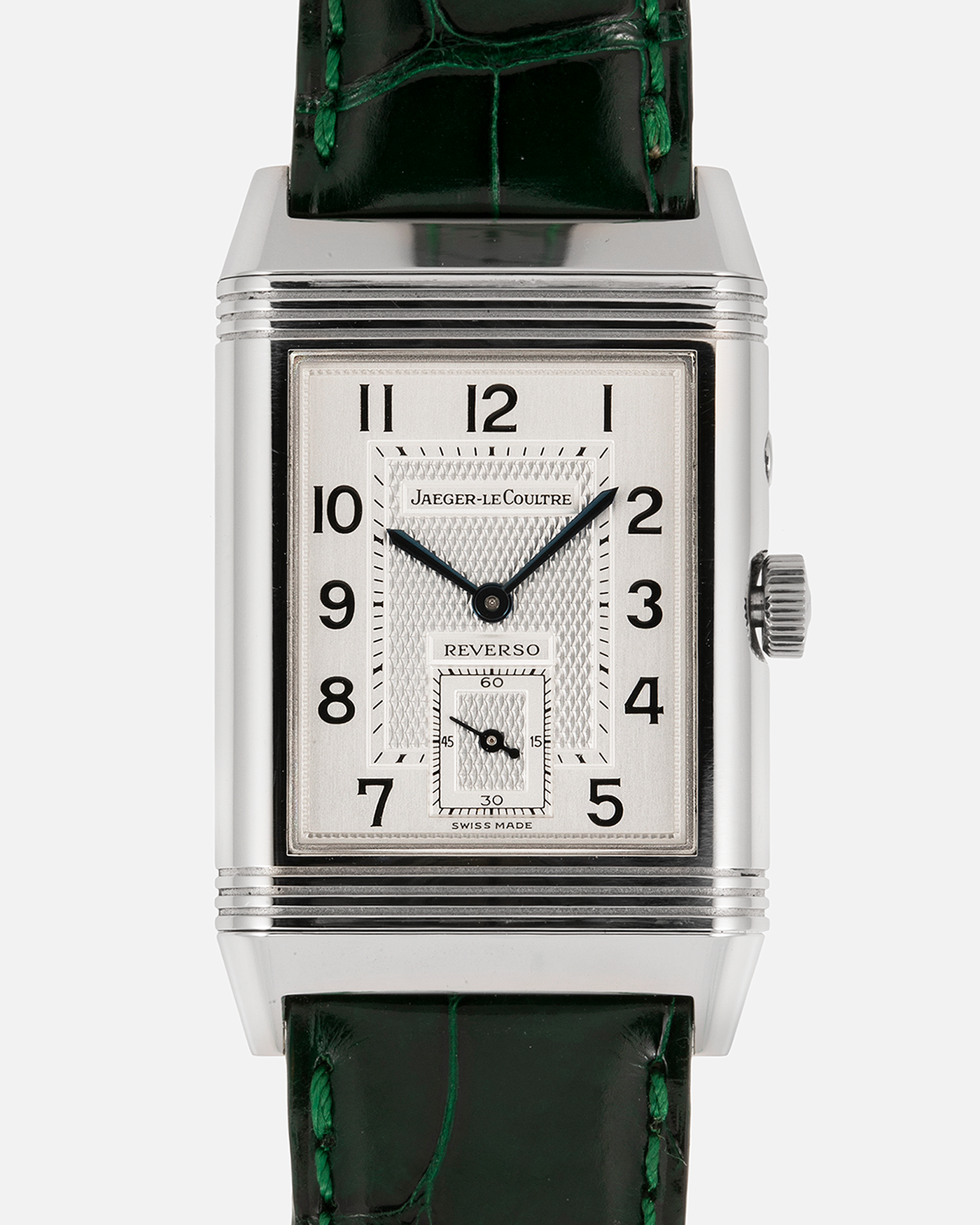 Brand: Jaeger-LeCoultre Year: 1999 Model: Reverso Duo Serie Premier, Ref. 270.8.54 Green Japan Edition Material: Stainless Steel Movement: Cal. 854, Manual-Wind Case Diameter: 42 x 26mm Bracelet/Strap: Emerald Green Crocodile Leather Strap with Signed Stainless Steel Deployant Clasp