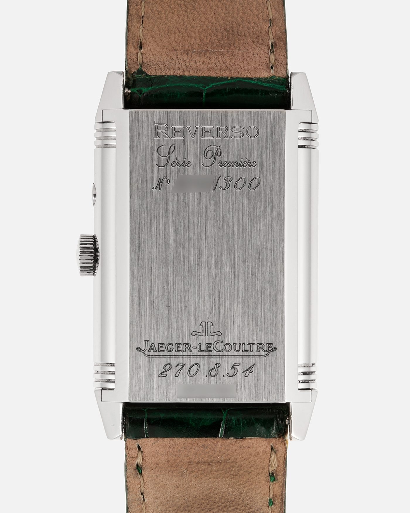 Brand: Jaeger-LeCoultre Year: 1999 Model: Reverso Duo Serie Premier, Ref. 270.8.54 Green Japan Edition Material: Stainless Steel Movement: Cal. 854, Manual-Wind Case Diameter: 42 x 26mm Bracelet/Strap: Emerald Green Crocodile Leather Strap with Signed Stainless Steel Deployant Clasp