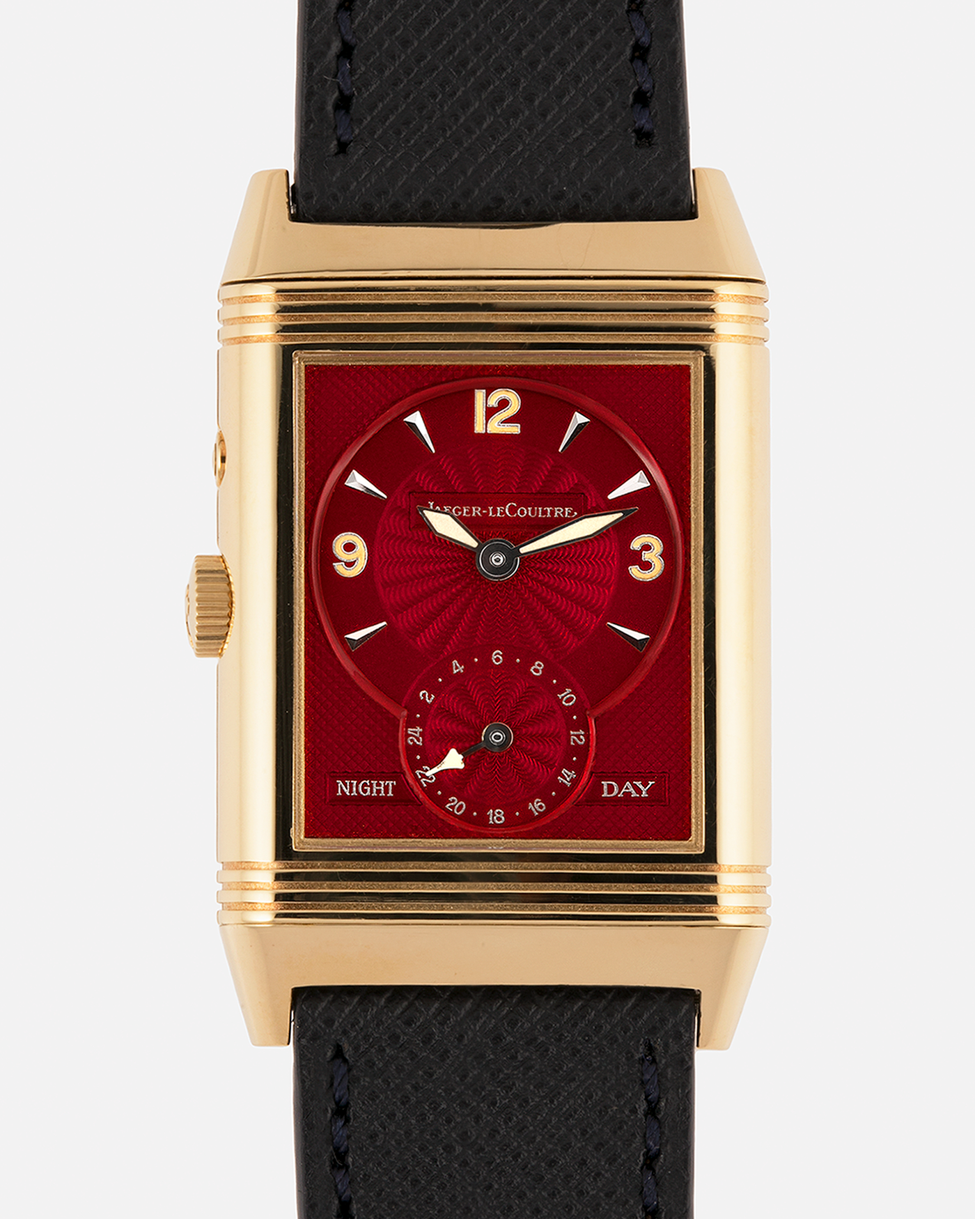 Brand: Jaeger-LeCoultre
Year: 1999
Model: Reverso Duoface Japan Edition Red, Limited Edition of 39 Pieces
Reference Number: 270.1.54
Material: 18-carat Yellow Gold
Movement: Jaeger-LeCoultre Cal. 854, Manual-Wind
Case Dimensions: 42mm (Including Lugs) x 26mm
Lug Width: 19mm
Strap: Molequin Navy Blue Textured Calf Strap with Signed 18-carat Yellow Gold Tang Buckle