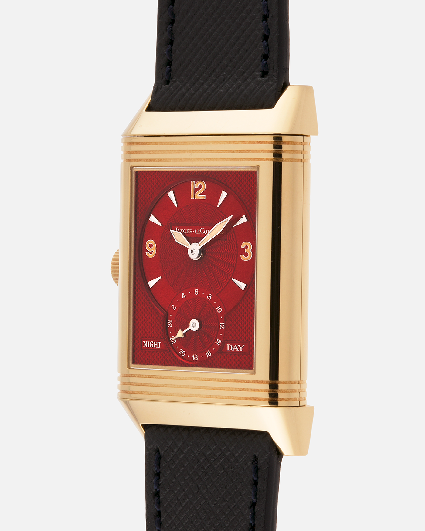 Brand: Jaeger-LeCoultre
Year: 1999
Model: Reverso Duoface Japan Edition Red, Limited Edition of 39 Pieces
Reference Number: 270.1.54
Material: 18-carat Yellow Gold
Movement: Jaeger-LeCoultre Cal. 854, Manual-Wind
Case Dimensions: 42mm (Including Lugs) x 26mm
Lug Width: 19mm
Strap: Molequin Navy Blue Textured Calf Strap with Signed 18-carat Yellow Gold Tang Buckle
