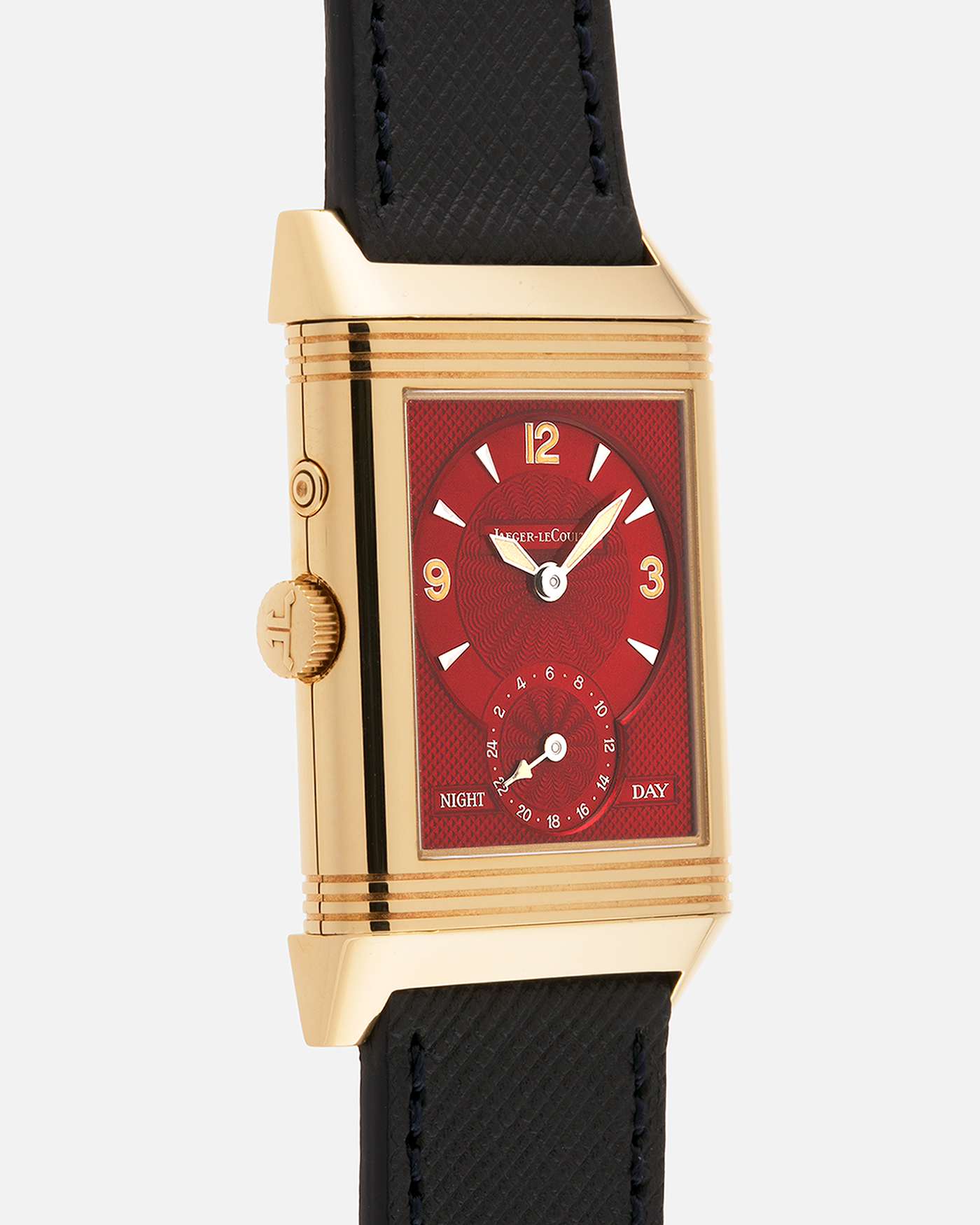 Brand: Jaeger-LeCoultre
Year: 1999
Model: Reverso Duoface Japan Edition Red, Limited Edition of 39 Pieces
Reference Number: 270.1.54
Material: 18-carat Yellow Gold
Movement: Jaeger-LeCoultre Cal. 854, Manual-Wind
Case Dimensions: 42mm (Including Lugs) x 26mm
Lug Width: 19mm
Strap: Molequin Navy Blue Textured Calf Strap with Signed 18-carat Yellow Gold Tang Buckle