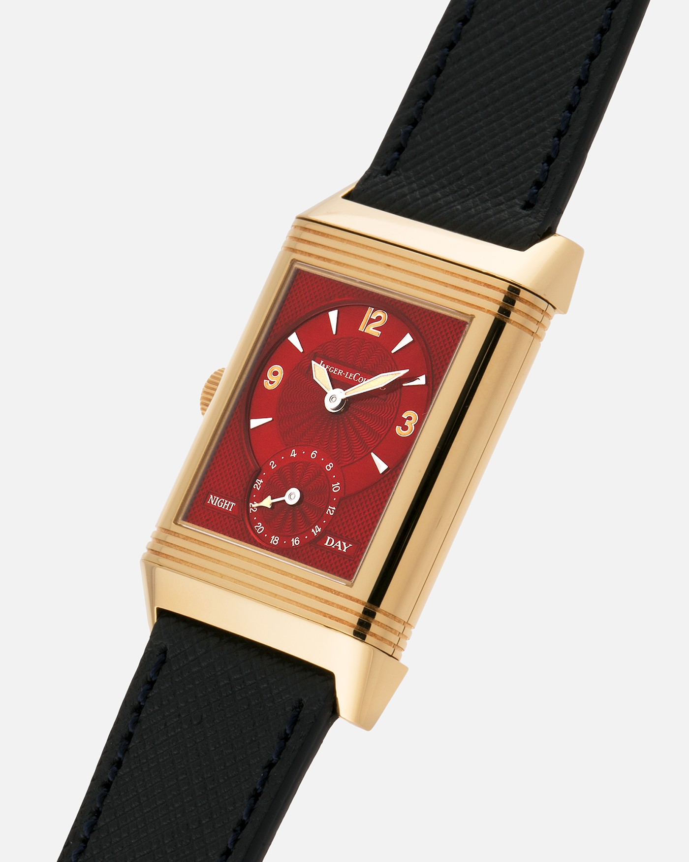 Brand: Jaeger-LeCoultre
Year: 1999
Model: Reverso Duoface Japan Edition Red, Limited Edition of 39 Pieces
Reference Number: 270.1.54
Material: 18-carat Yellow Gold
Movement: Jaeger-LeCoultre Cal. 854, Manual-Wind
Case Dimensions: 42mm (Including Lugs) x 26mm
Lug Width: 19mm
Strap: Molequin Navy Blue Textured Calf Strap with Signed 18-carat Yellow Gold Tang Buckle