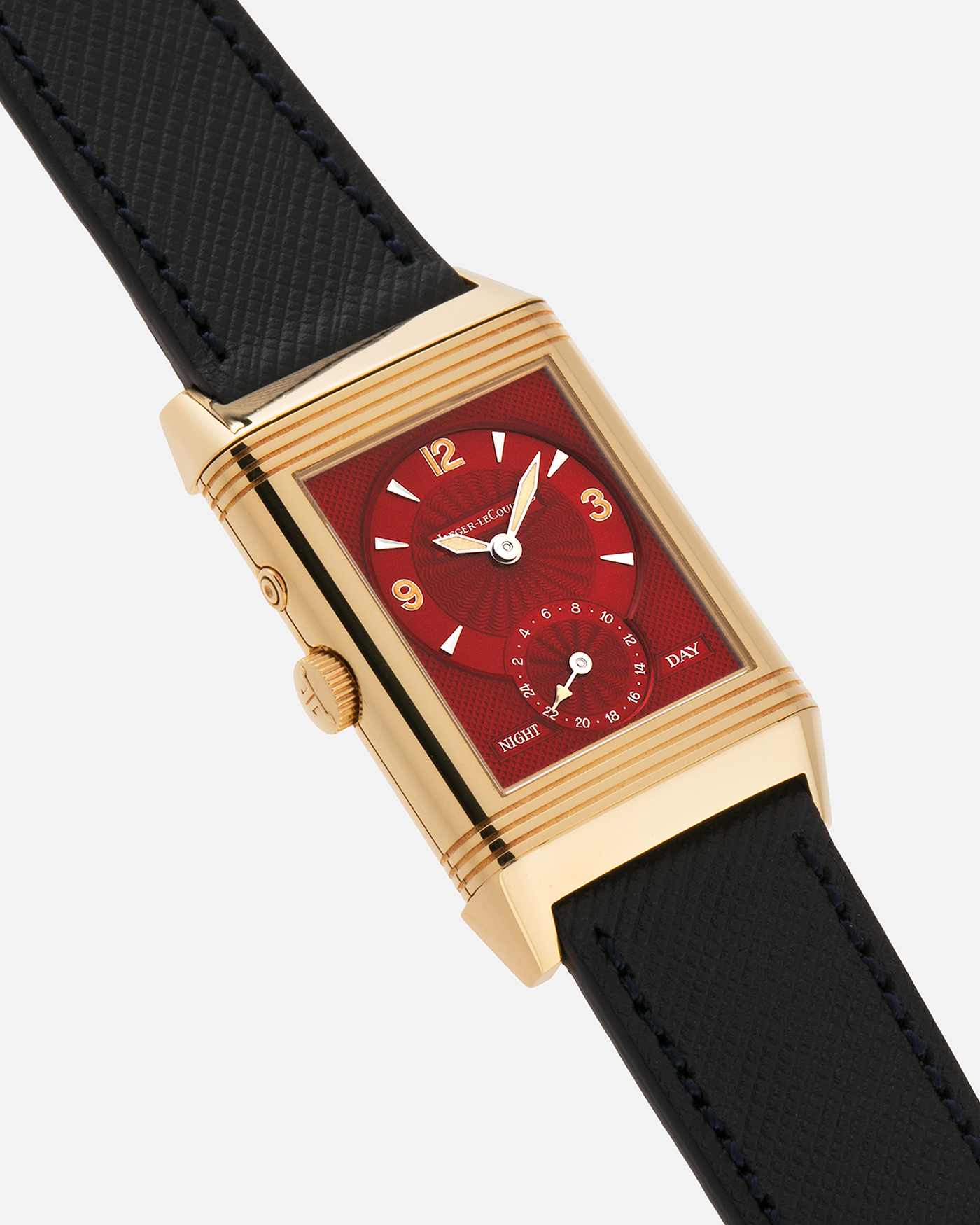 Brand: Jaeger-LeCoultre
Year: 1999
Model: Reverso Duoface Japan Edition Red, Limited Edition of 39 Pieces
Reference Number: 270.1.54
Material: 18-carat Yellow Gold
Movement: Jaeger-LeCoultre Cal. 854, Manual-Wind
Case Dimensions: 42mm (Including Lugs) x 26mm
Lug Width: 19mm
Strap: Molequin Navy Blue Textured Calf Strap with Signed 18-carat Yellow Gold Tang Buckle