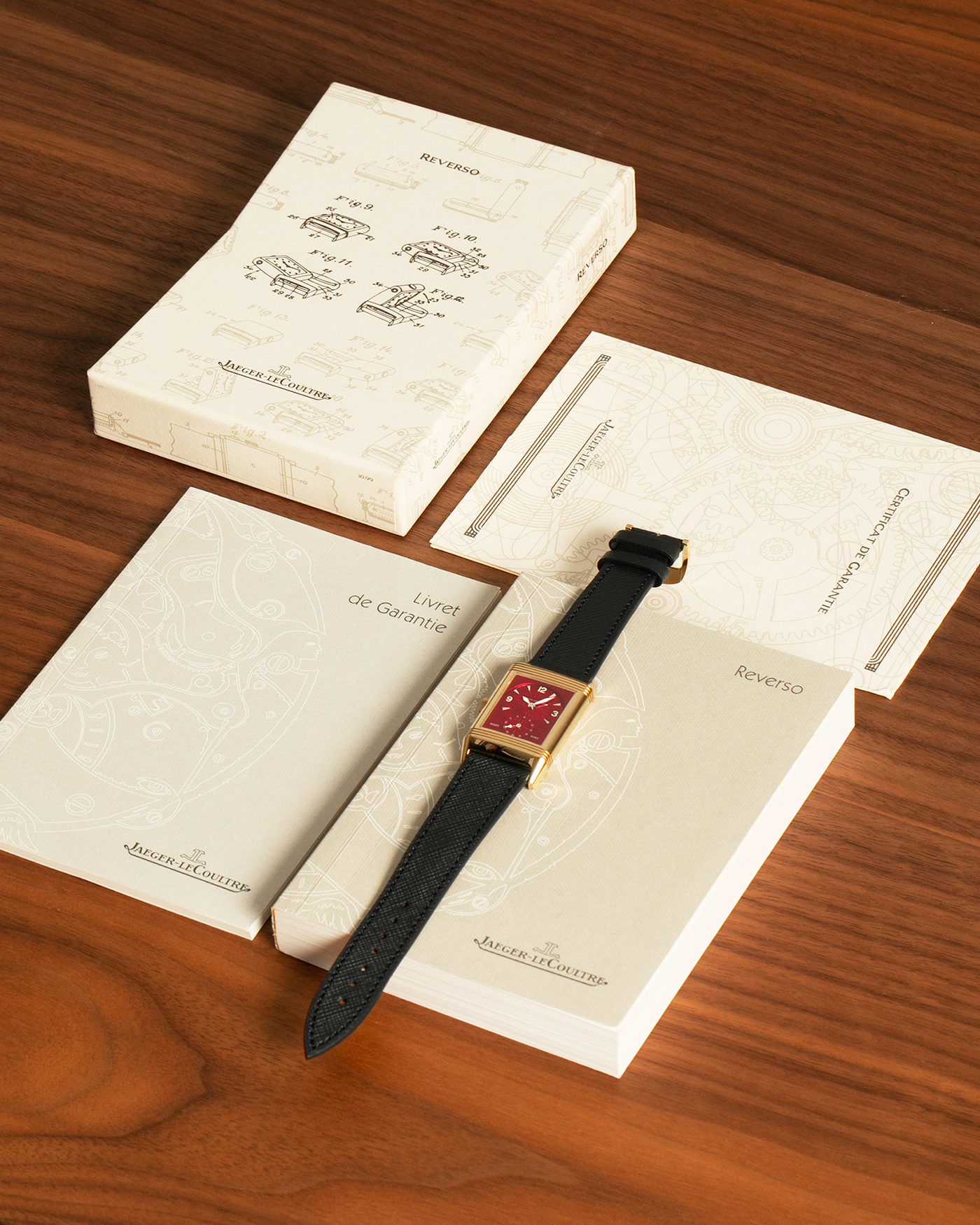 Brand: Jaeger-LeCoultre
Year: 1999
Model: Reverso Duoface Japan Edition Red, Limited Edition of 39 Pieces
Reference Number: 270.1.54
Material: 18-carat Yellow Gold
Movement: Jaeger-LeCoultre Cal. 854, Manual-Wind
Case Dimensions: 42mm (Including Lugs) x 26mm
Lug Width: 19mm
Strap: Molequin Navy Blue Textured Calf Strap with Signed 18-carat Yellow Gold Tang Buckle