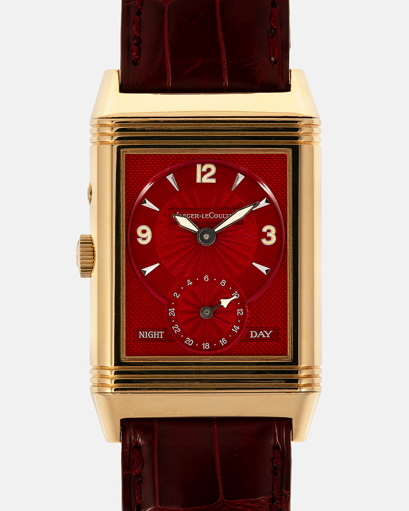 Brand: Jaeger LeCoultre
Year: 1999
Model: Reverso Duoface Japan Edition Red, Limited Edition of 39 Pieces
Reference Number: 270.1.54
Material: 18-carat Yellow Gold
Movement: Jaeger LeCoultre Cal. 854, Manual-Wind
Case Dimensions: 42mm (Including Lugs) x 26mm
Lug Width: 19mm
Strap: Jaeger LeCoultre Burgundy Red Alligator Leather Strap with Signed 18-carat Yellow Gold Tang Buckle