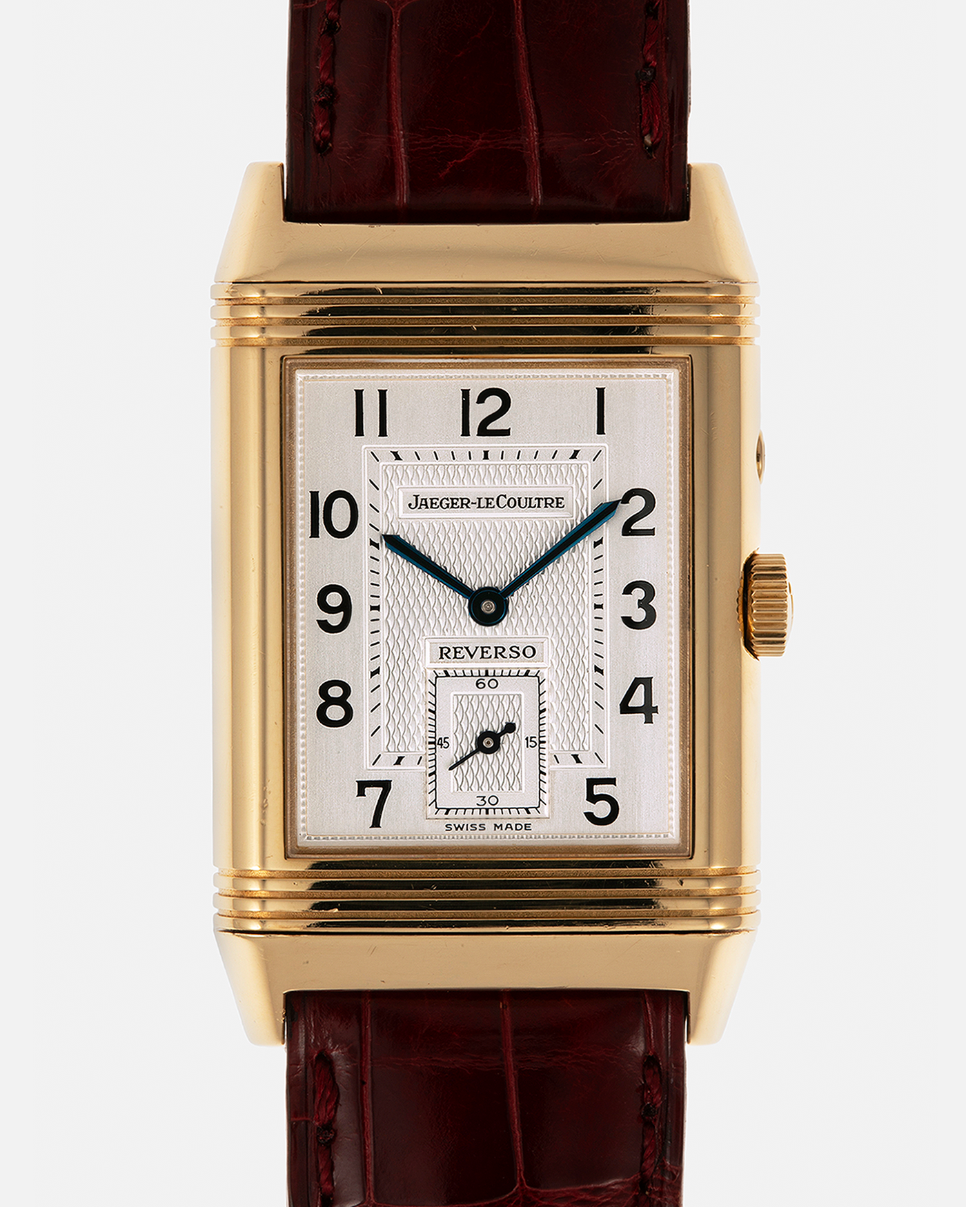 Brand: Jaeger LeCoultre
Year: 1999
Model: Reverso Duoface Japan Edition Red, Limited Edition of 39 Pieces
Reference Number: 270.1.54
Material: 18-carat Yellow Gold
Movement: Jaeger LeCoultre Cal. 854, Manual-Wind
Case Dimensions: 42mm (Including Lugs) x 26mm
Lug Width: 19mm
Strap: Jaeger LeCoultre Burgundy Red Alligator Leather Strap with Signed 18-carat Yellow Gold Tang Buckle