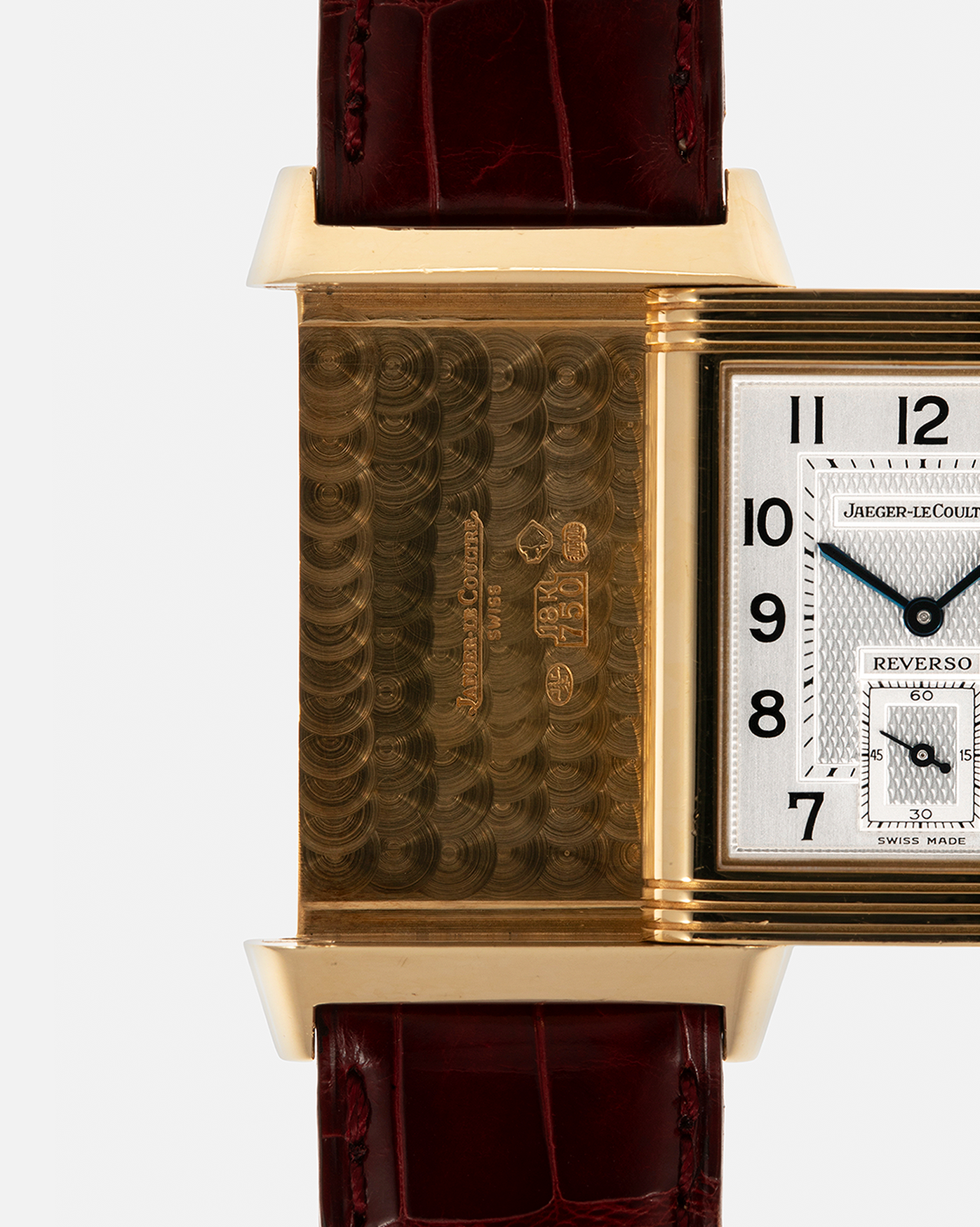 Brand: Jaeger LeCoultre
Year: 1999
Model: Reverso Duoface Japan Edition Red, Limited Edition of 39 Pieces
Reference Number: 270.1.54
Material: 18-carat Yellow Gold
Movement: Jaeger LeCoultre Cal. 854, Manual-Wind
Case Dimensions: 42mm (Including Lugs) x 26mm
Lug Width: 19mm
Strap: Jaeger LeCoultre Burgundy Red Alligator Leather Strap with Signed 18-carat Yellow Gold Tang Buckle